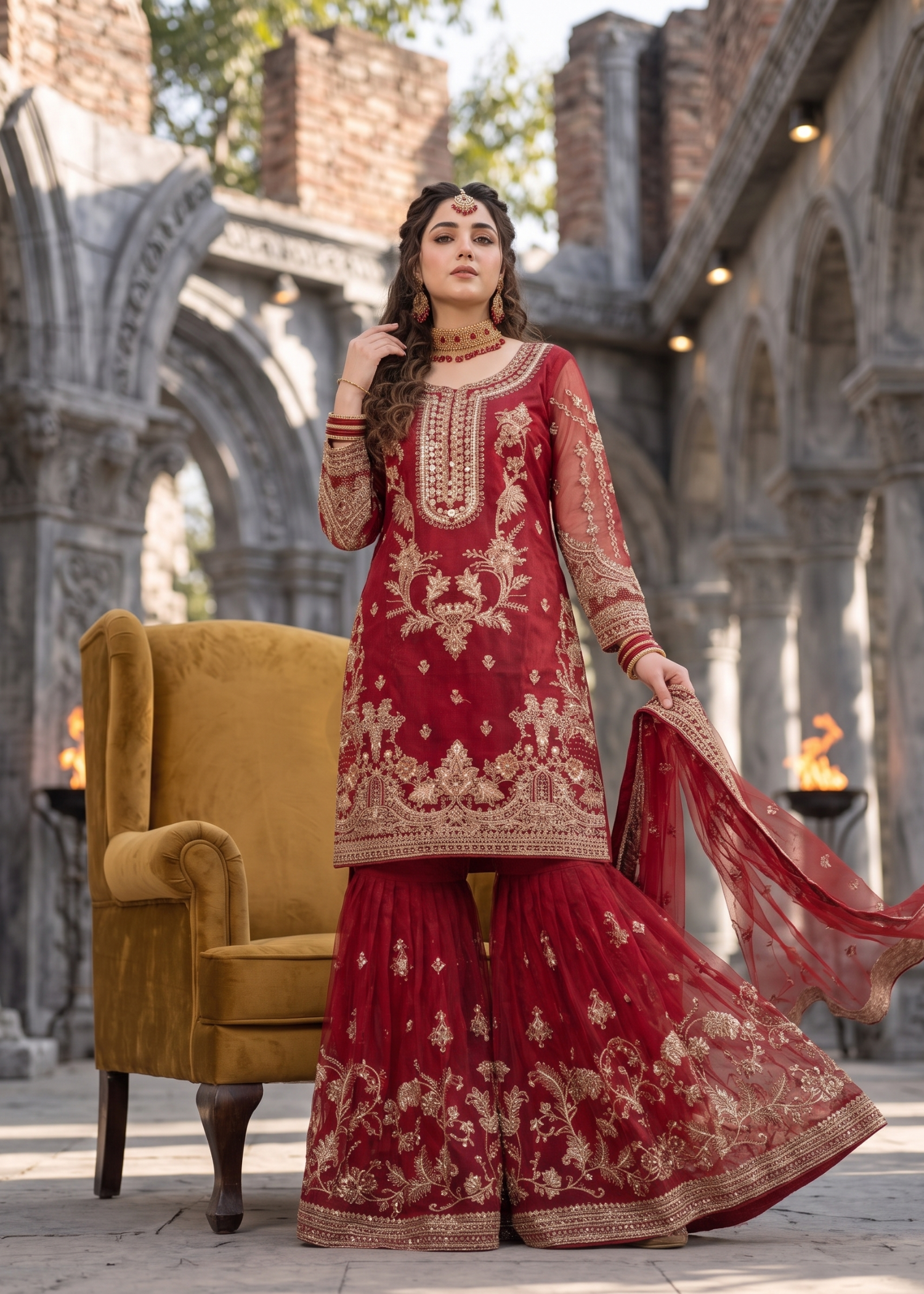organza Gharara in Crimson