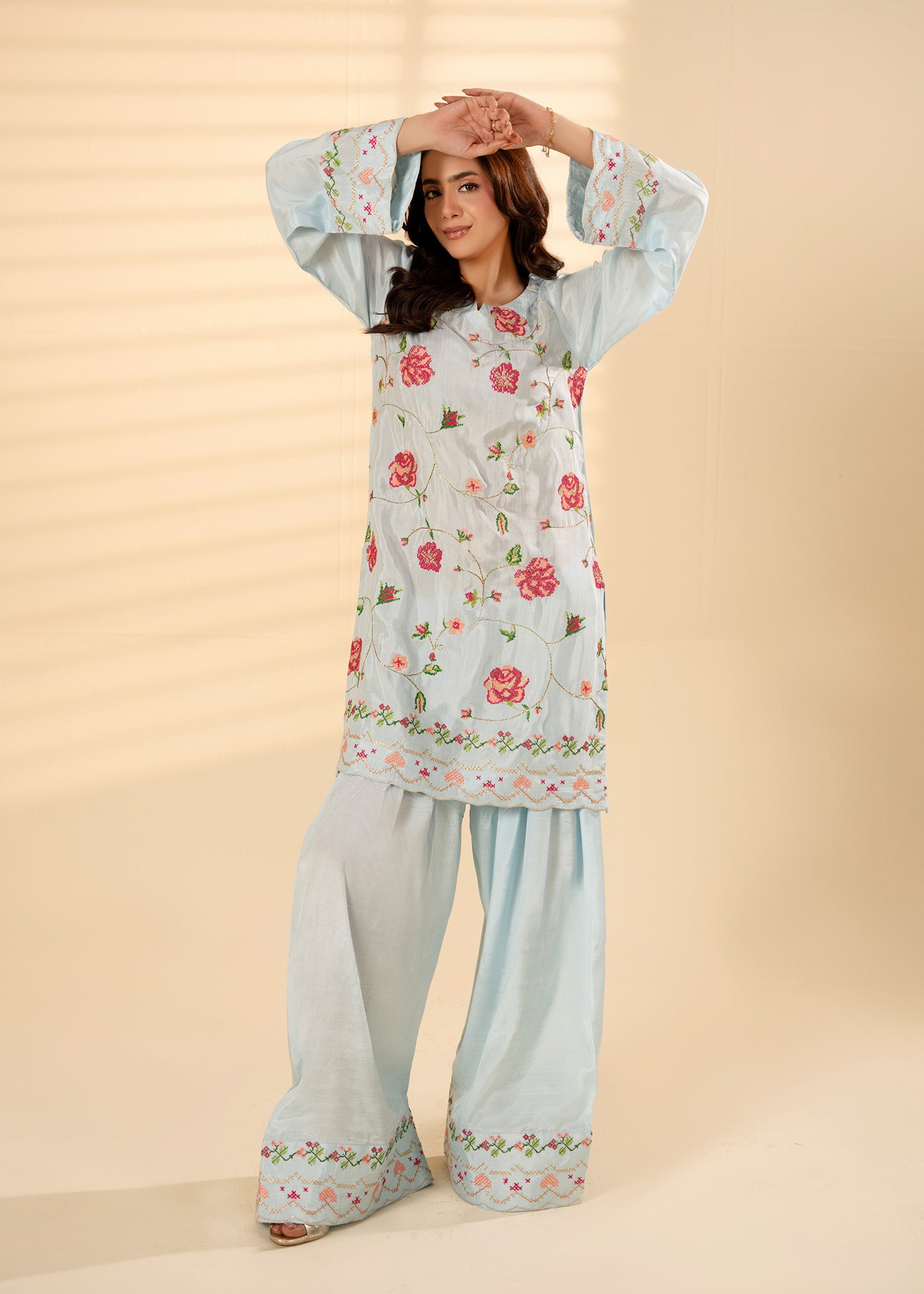 viscose raw silk Kurta Set in Ice blue