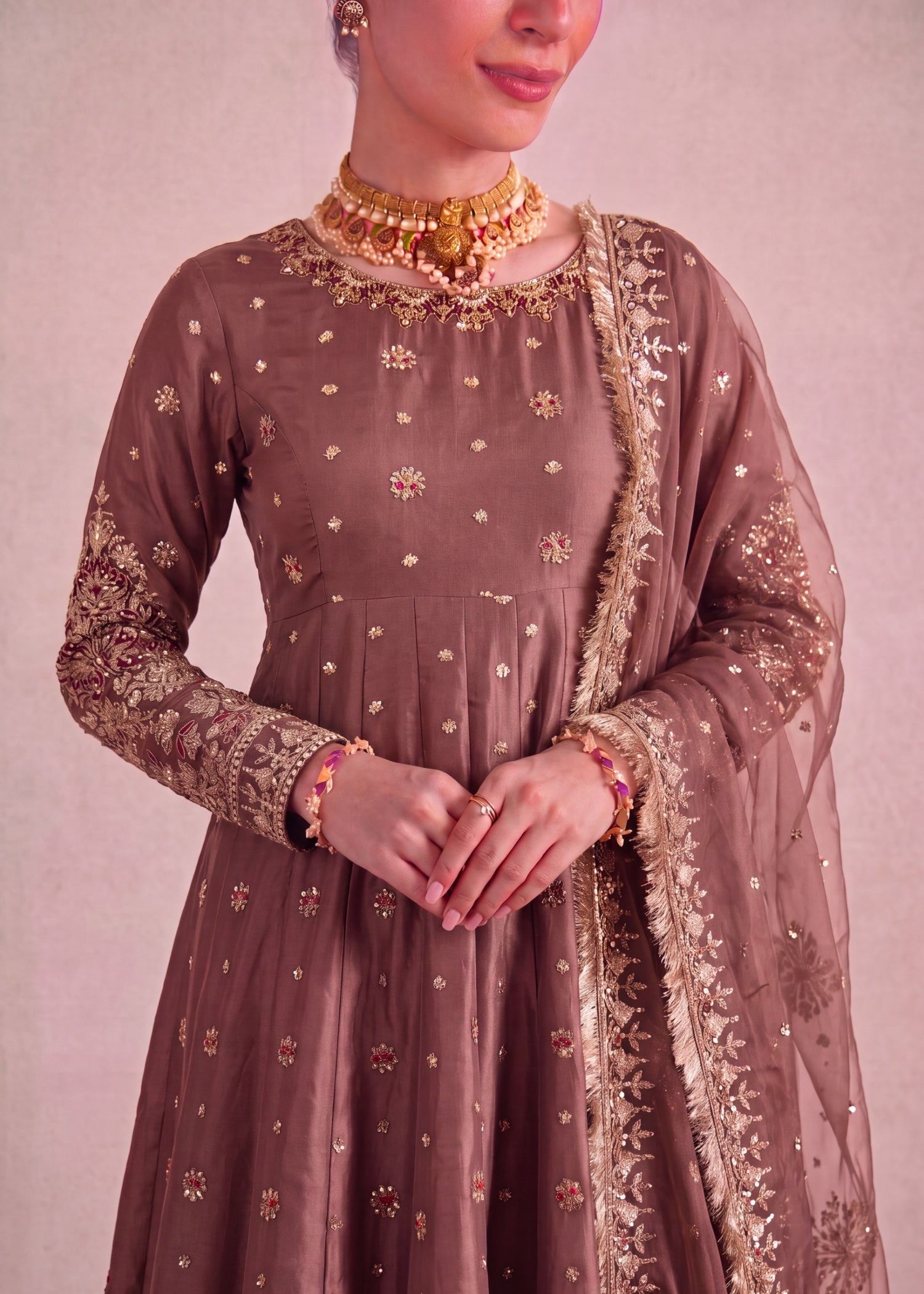 silk Pishwas in Chestnut brown