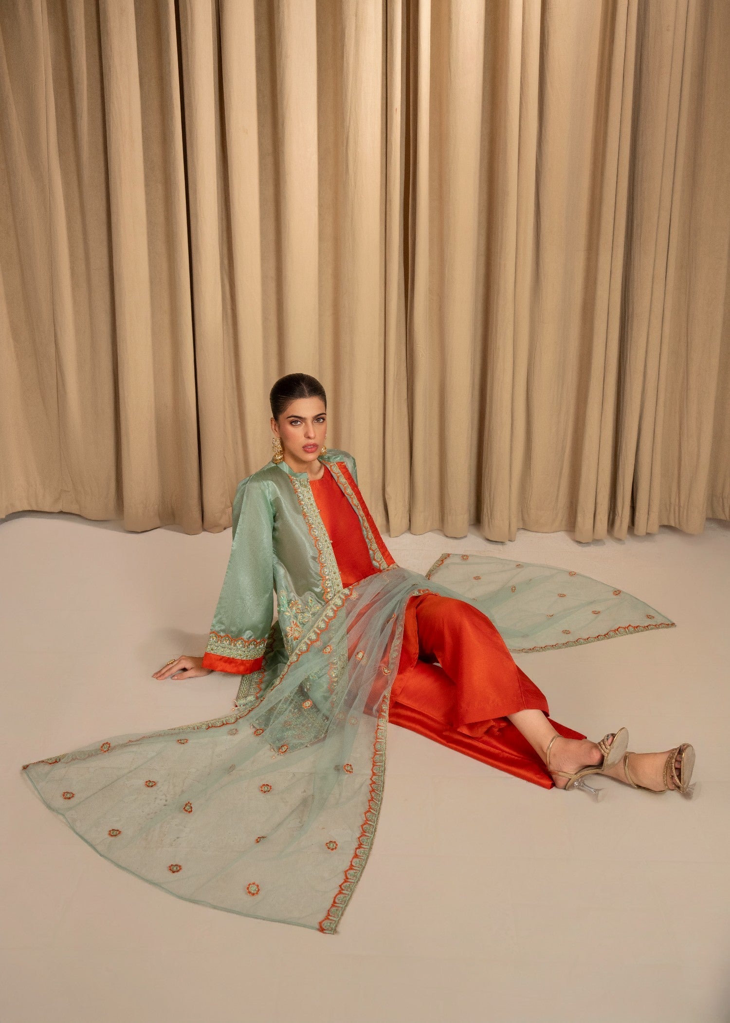 raw silk Gown in Mint green