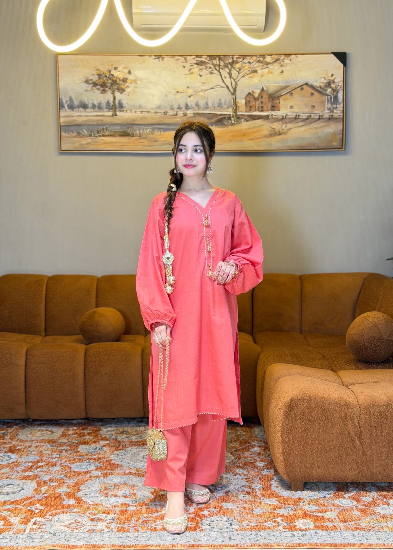yarn dyed jacquard Kurta Set in Coral orange