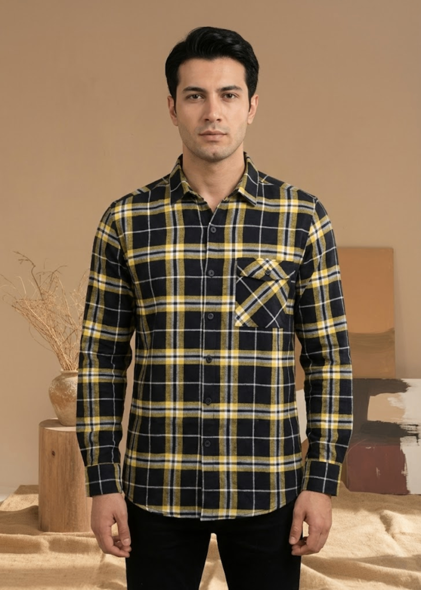 flannel Casual Shirt in Black, yellow