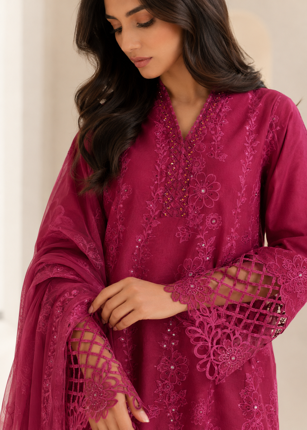 cotton Kurta Set in Shocking pink, bubblegum pink