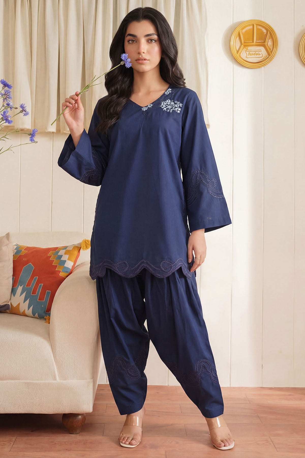 cambric Kurta Set in Navy blue