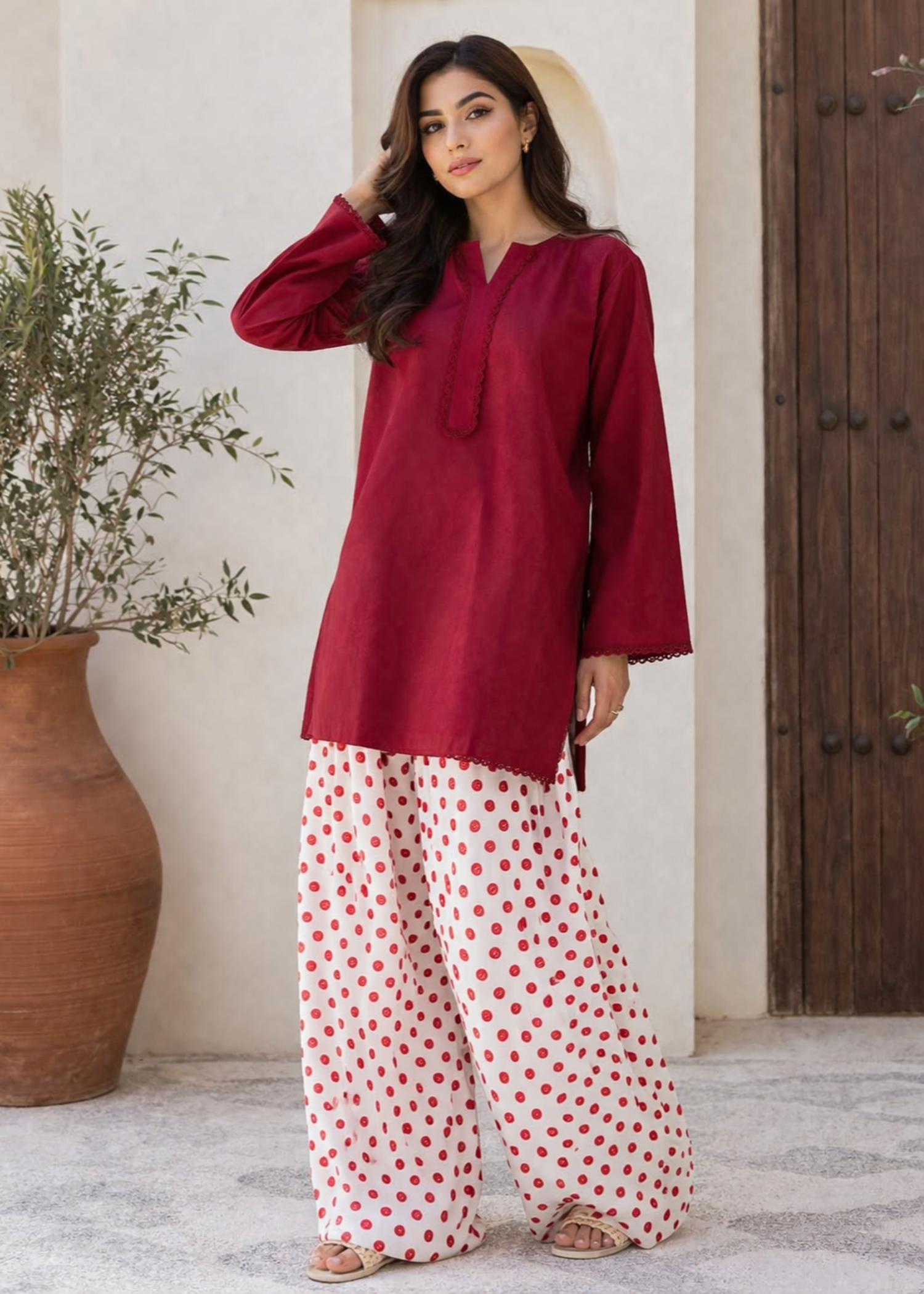 arabic lawn Kurta Set in White, maroon