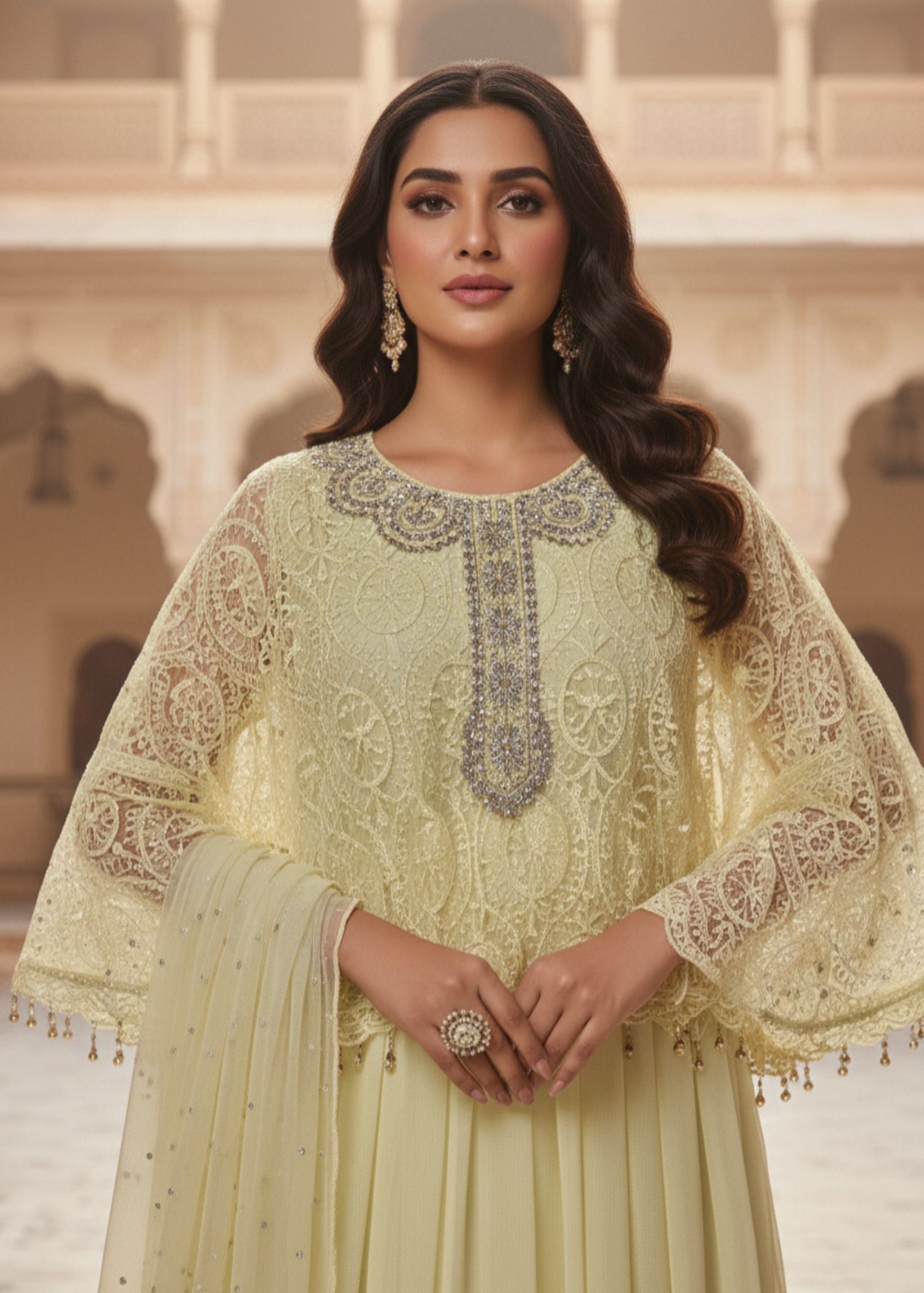 chiffon Pishwas in Yellow