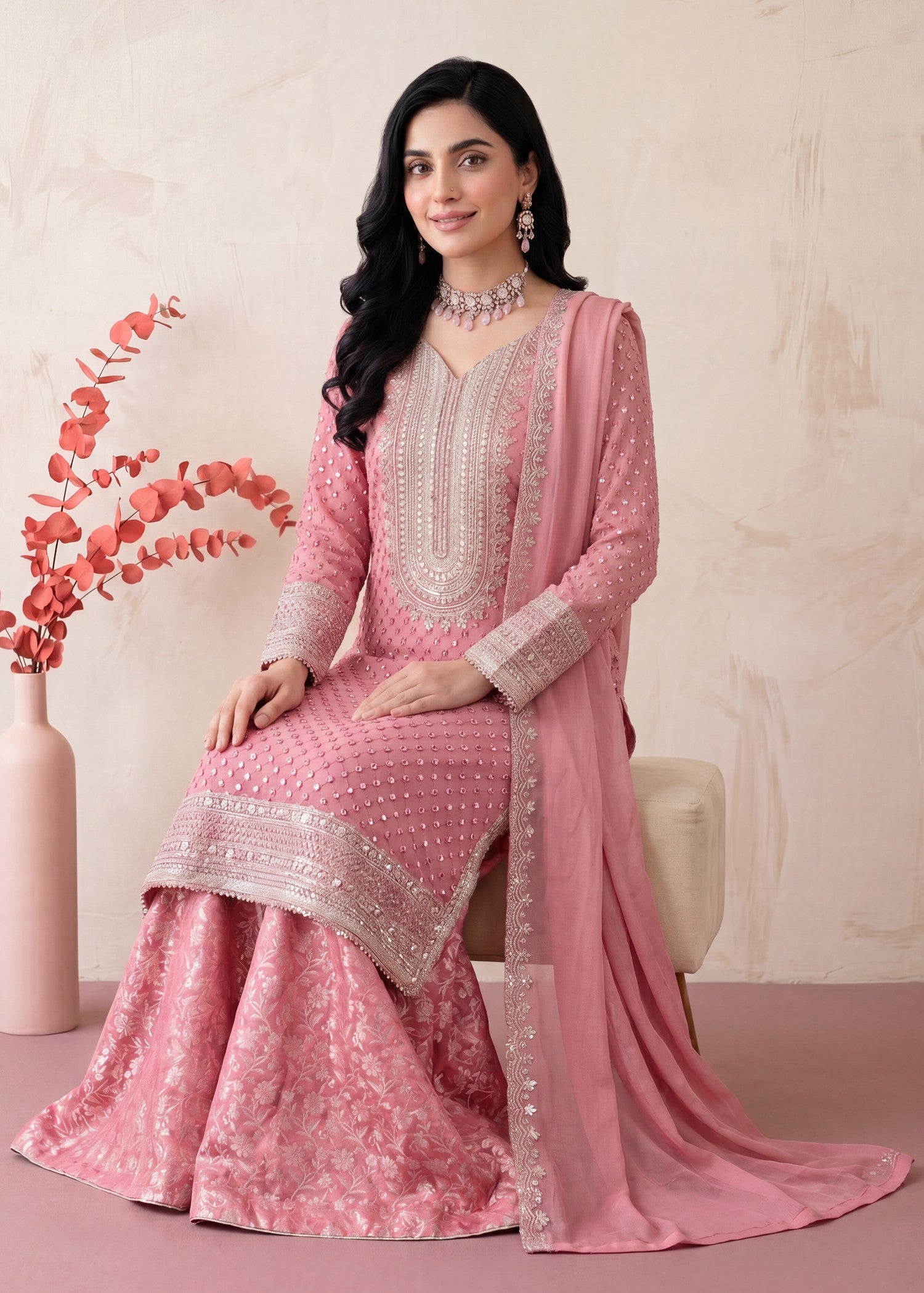 chiffon Sharara in Rose pink