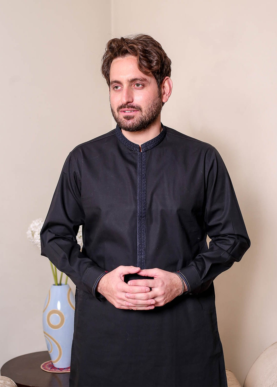 cotton satin Shalwar Kameez in Black