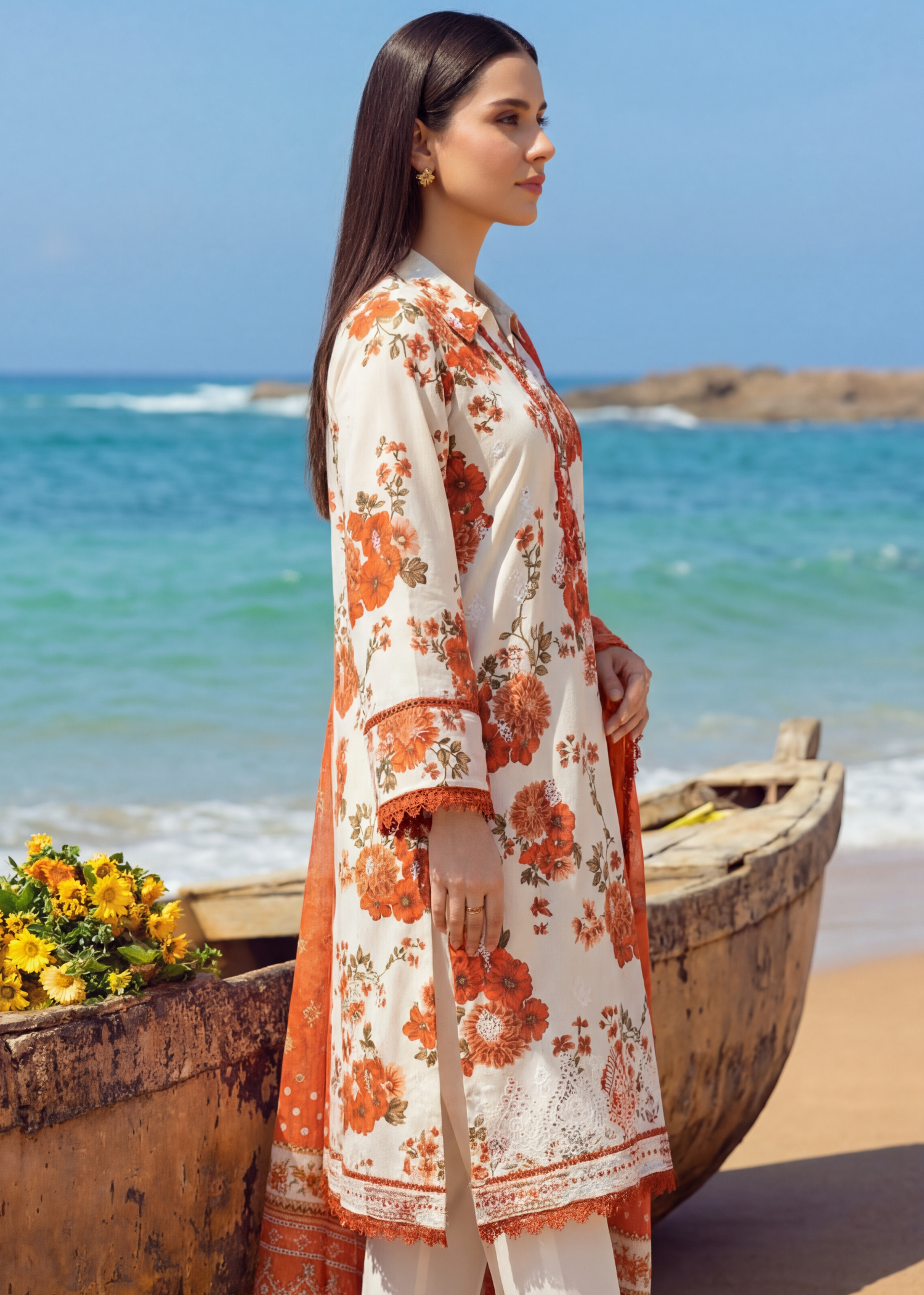 lawn Kurta Set in White, pumpkin orange