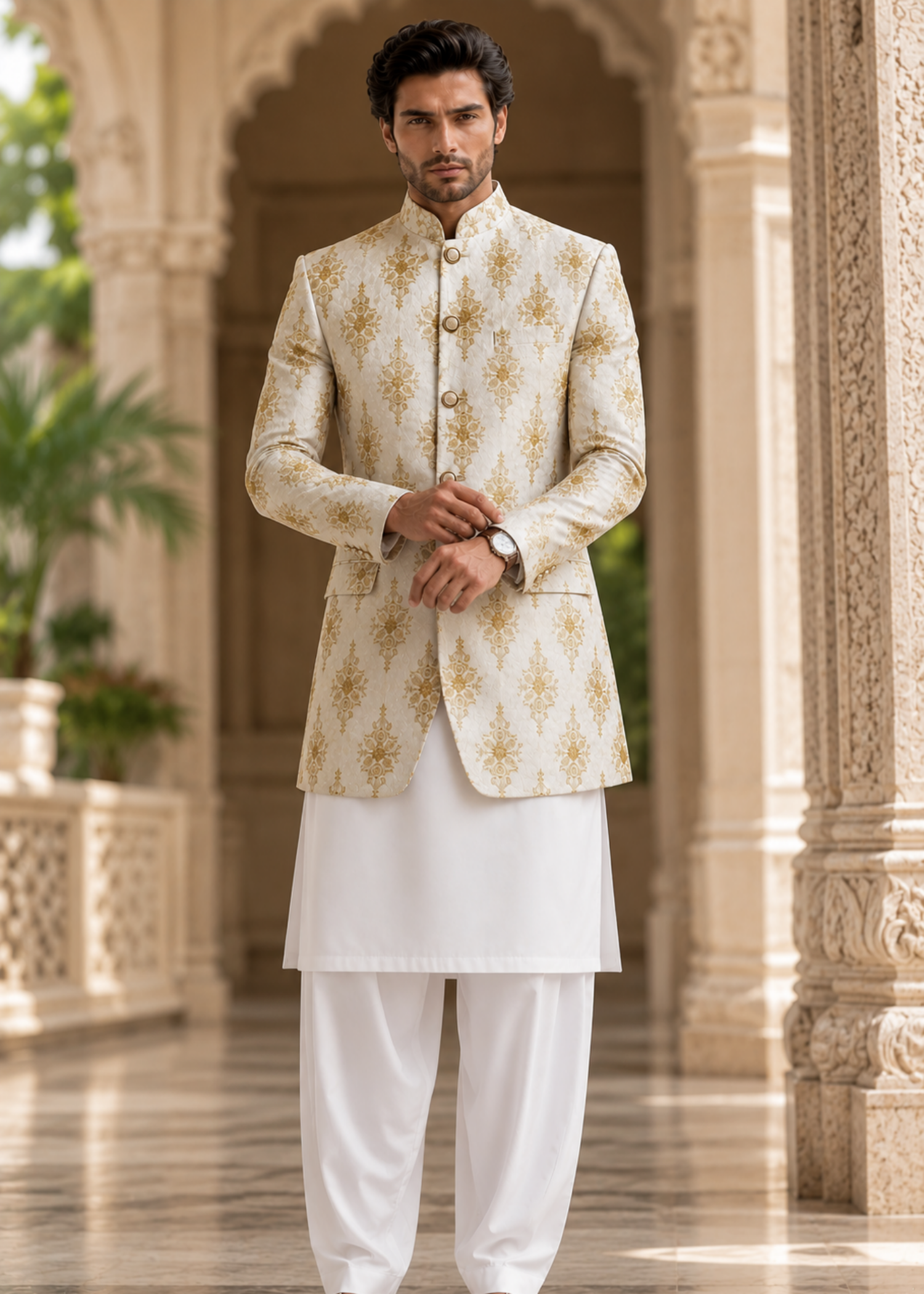 jamawar Prince Coat in White, gold
