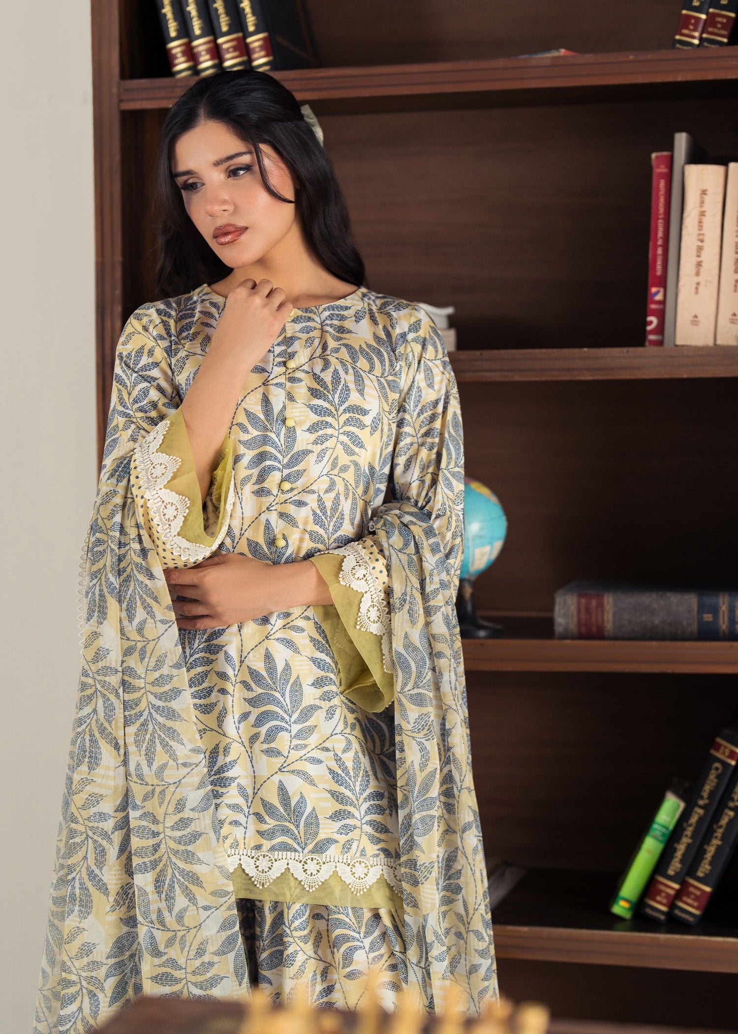slub lawn Kurta Set in Acid yellow