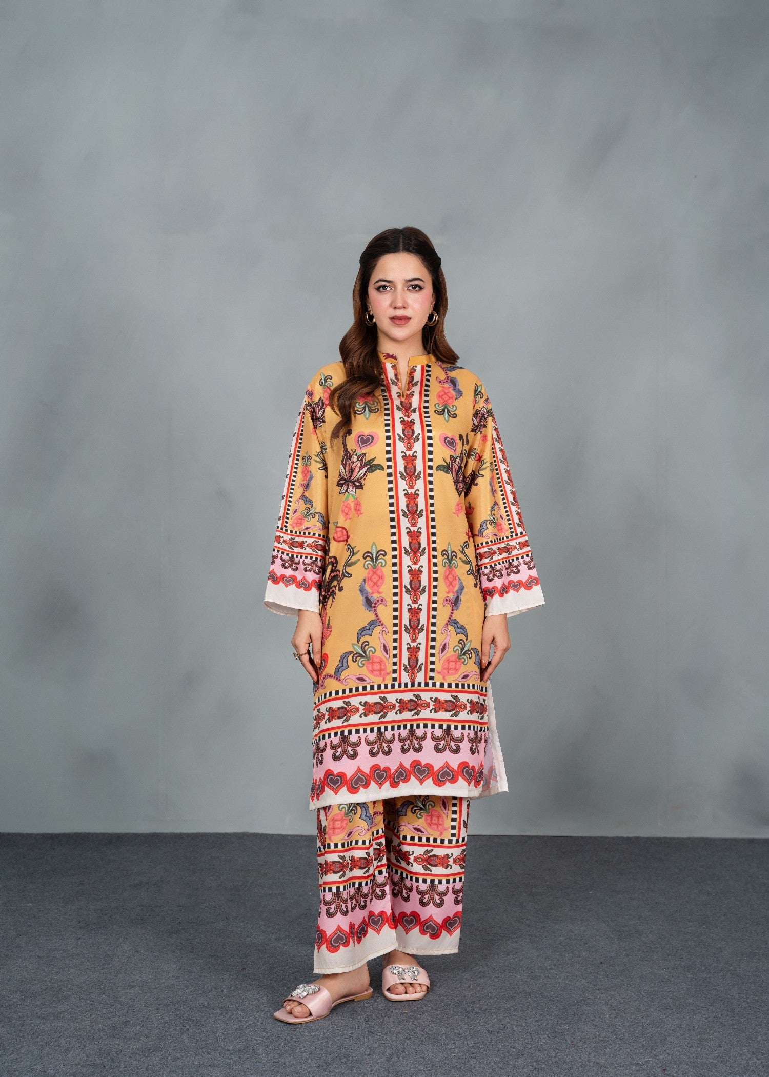 poly lawn Co Ord Sets in Beige, yellow