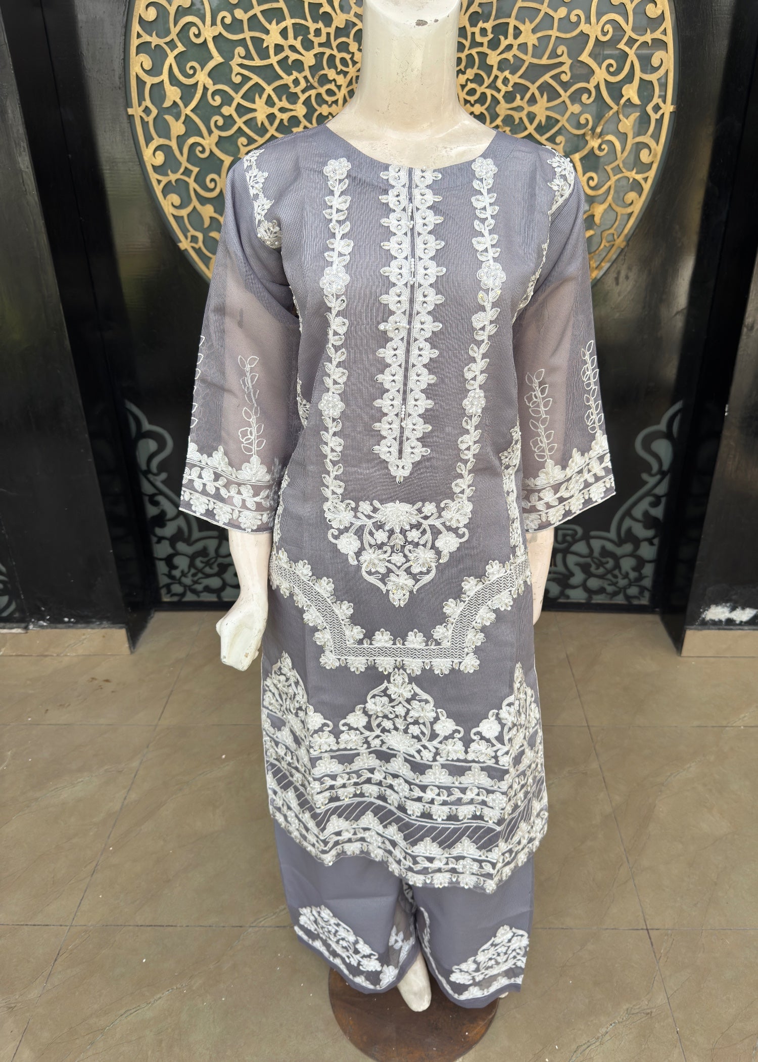 khaddi net Kurta Set in Silver