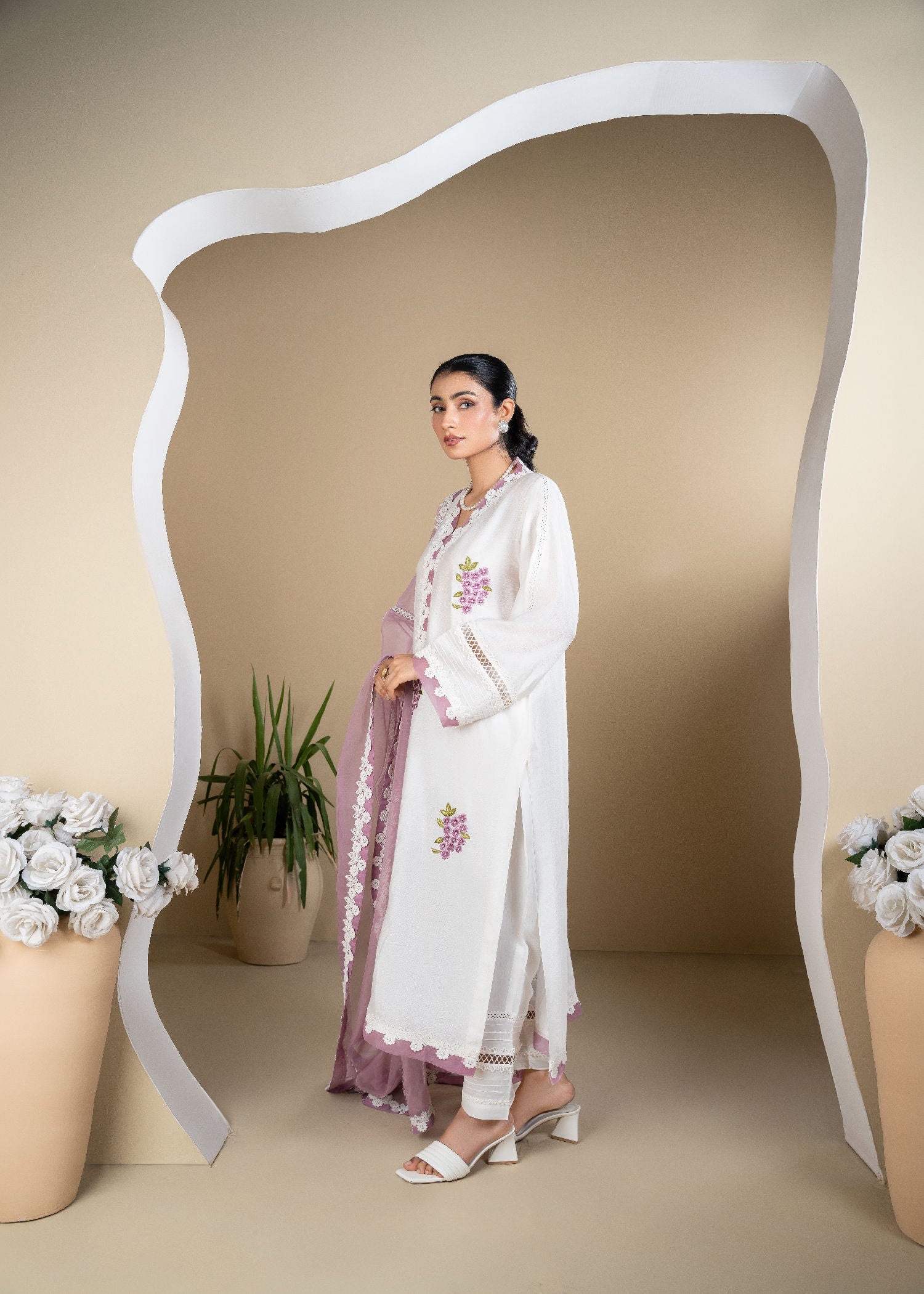 silk cotton net Kurta Set in White