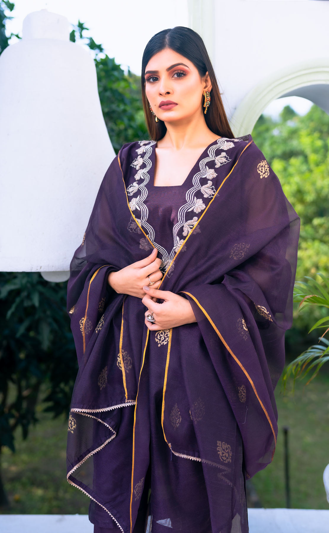 silk cotton net Kurta Set in Purple