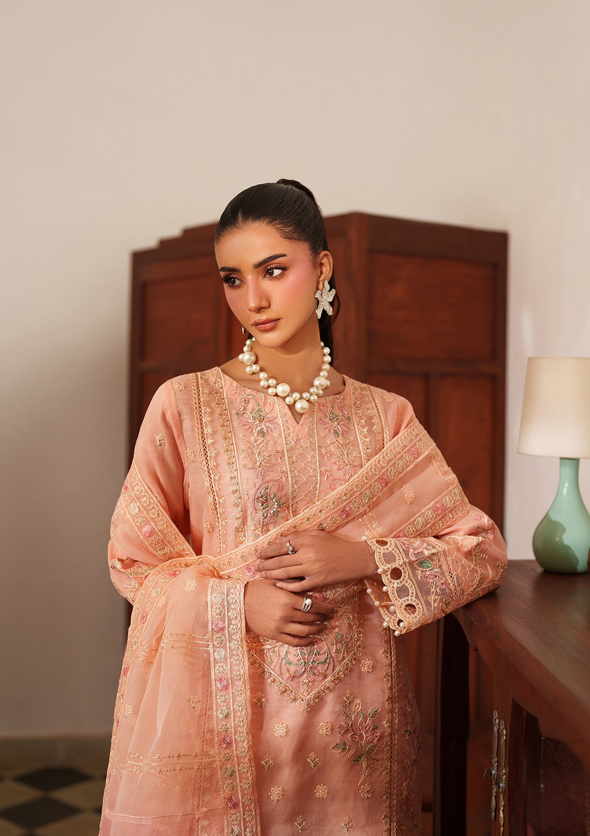 organza Kurta Set in Peach pink