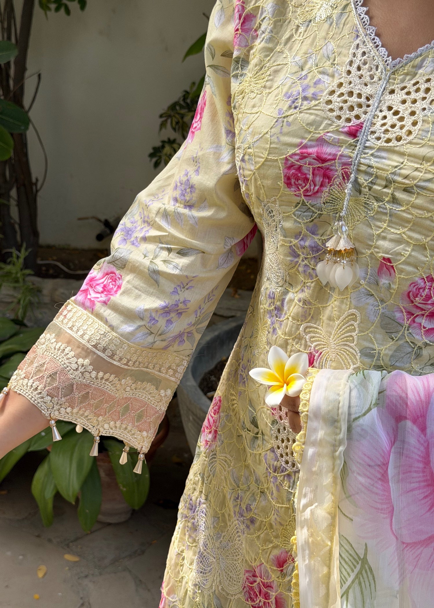 lawn Kurta Set in Beige, mellow yellow