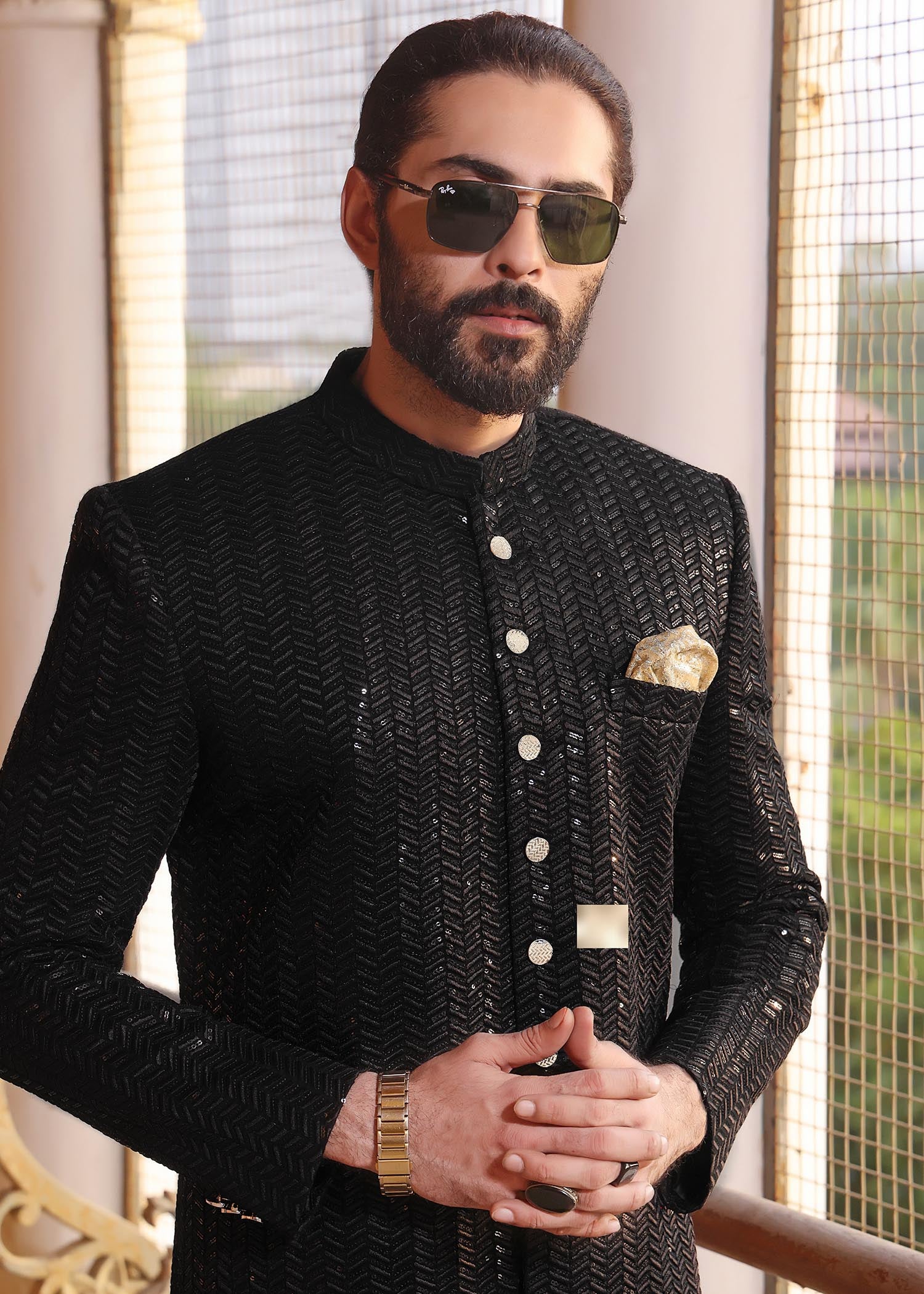 banarsi silk Sherwani in Black