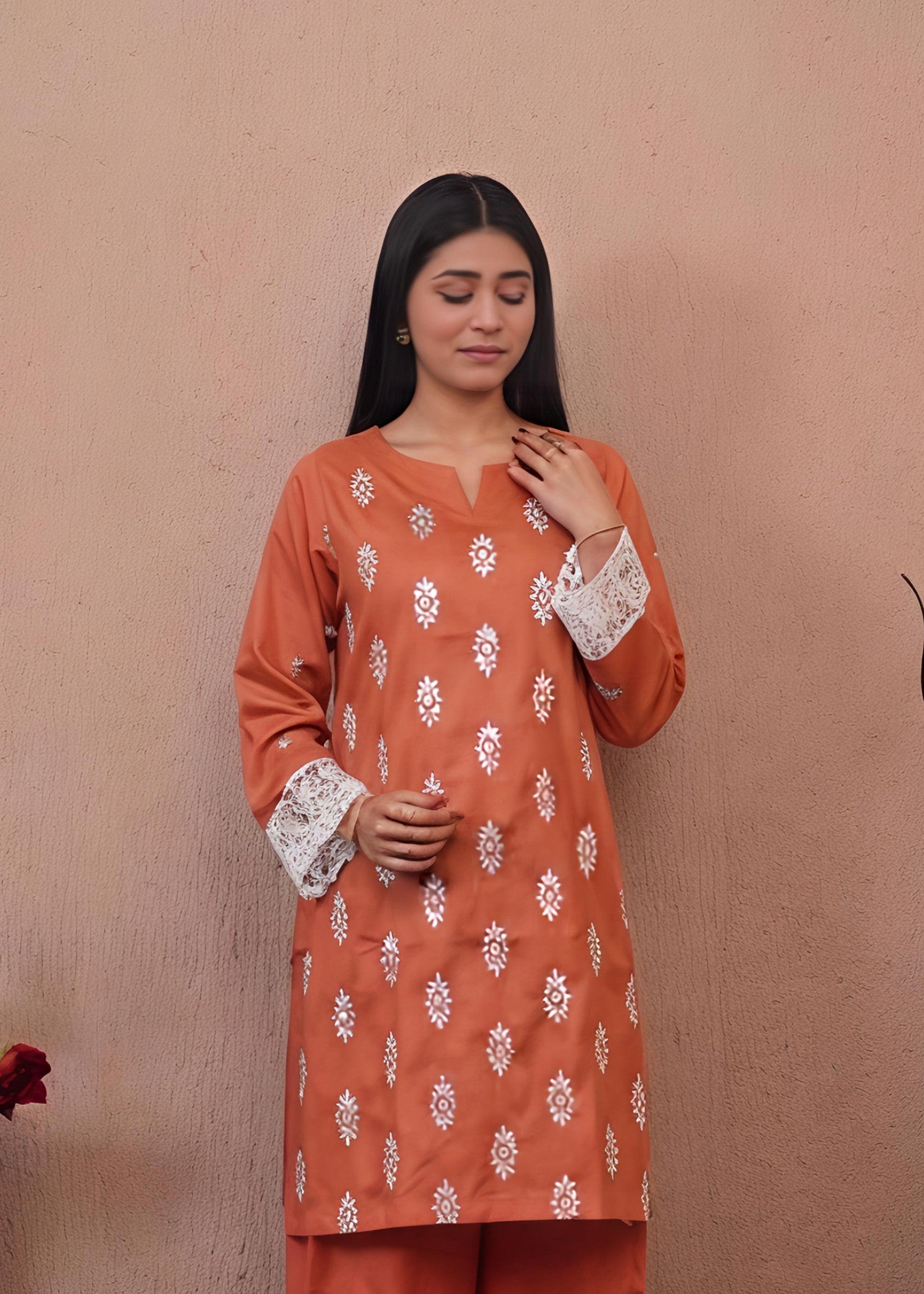 lawn Kurta Set in Lilac, beige, copper