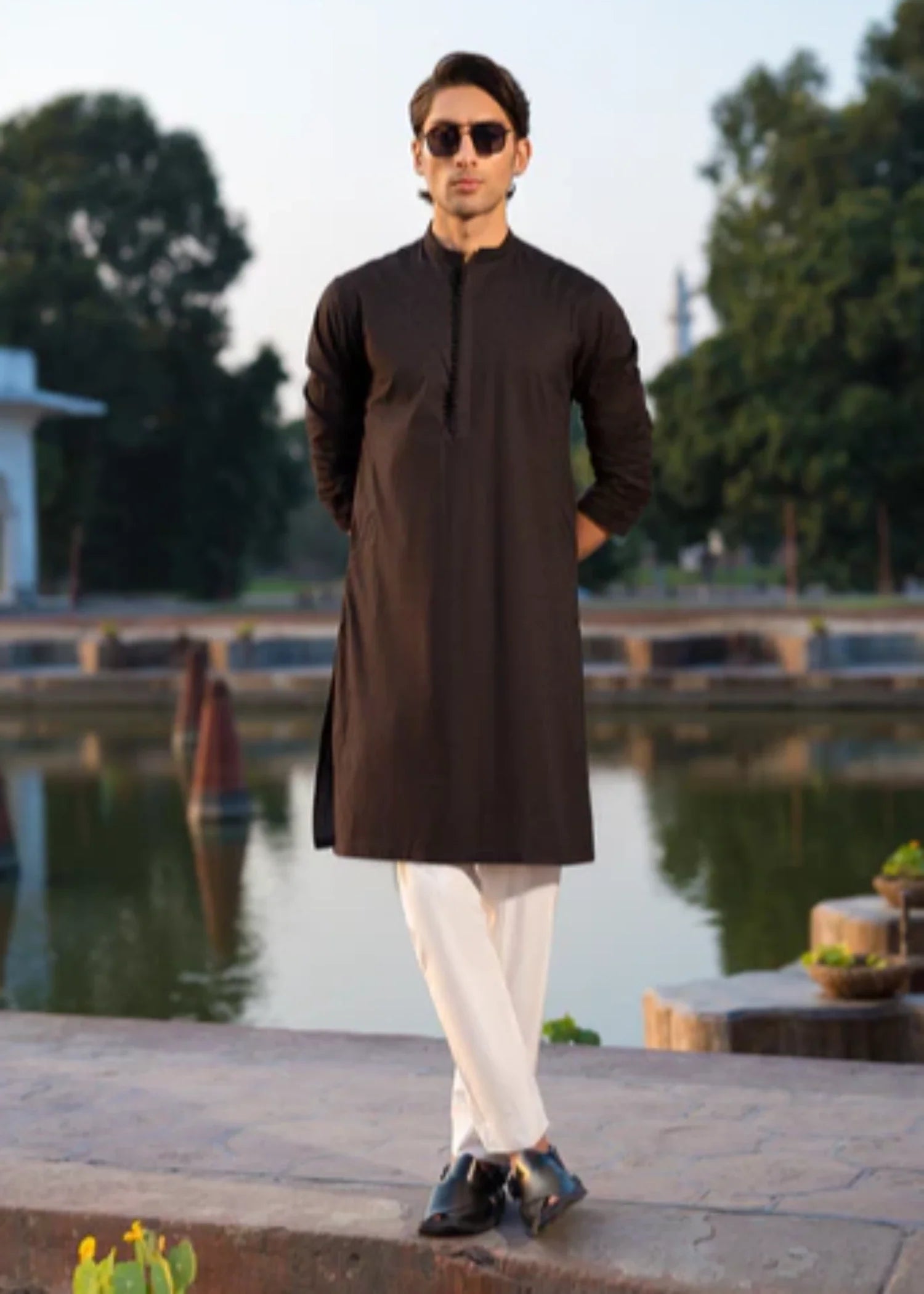 cotton jacquard Kurta in Black