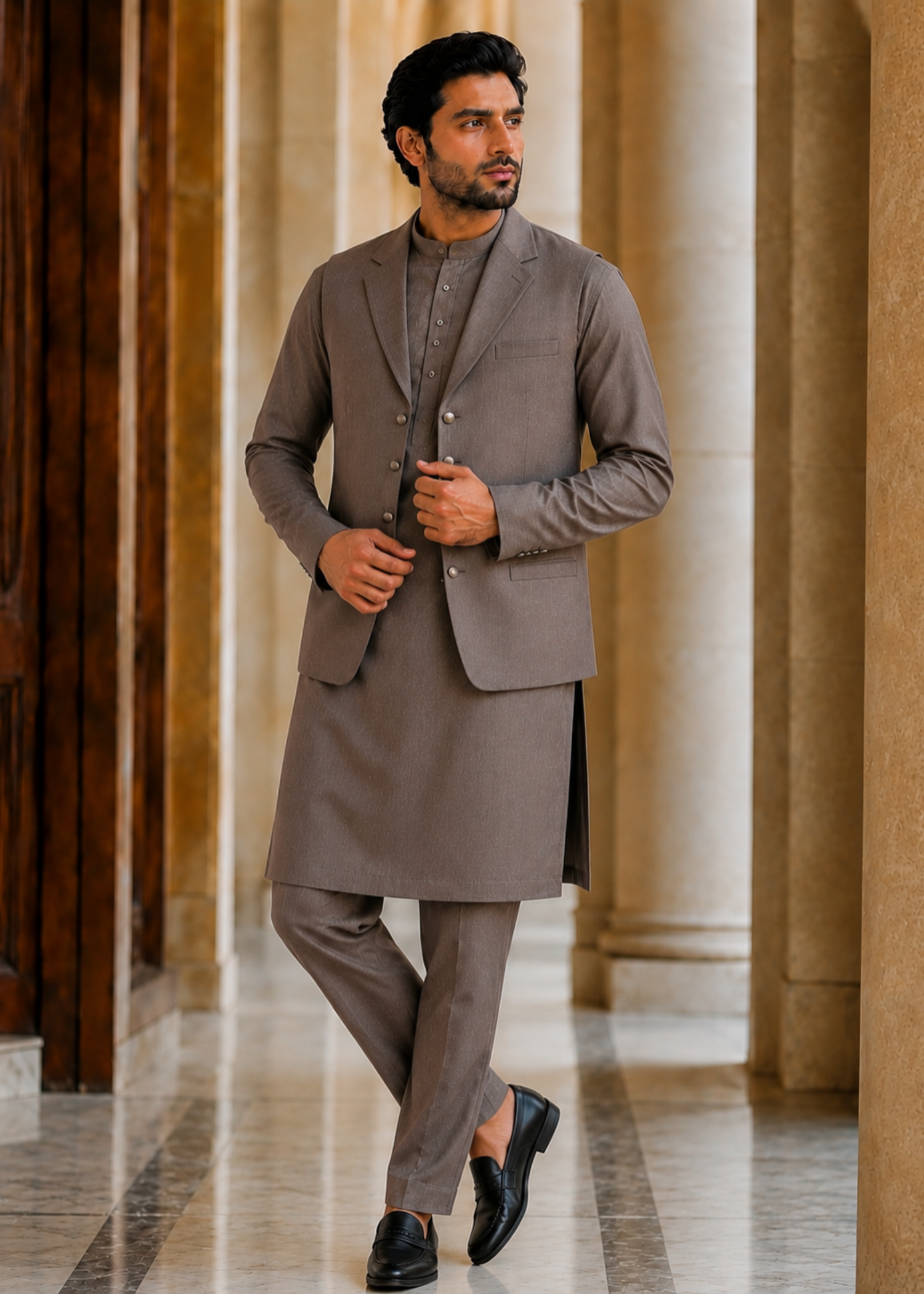 textured wash & wear Waistcoat in Coffee brown