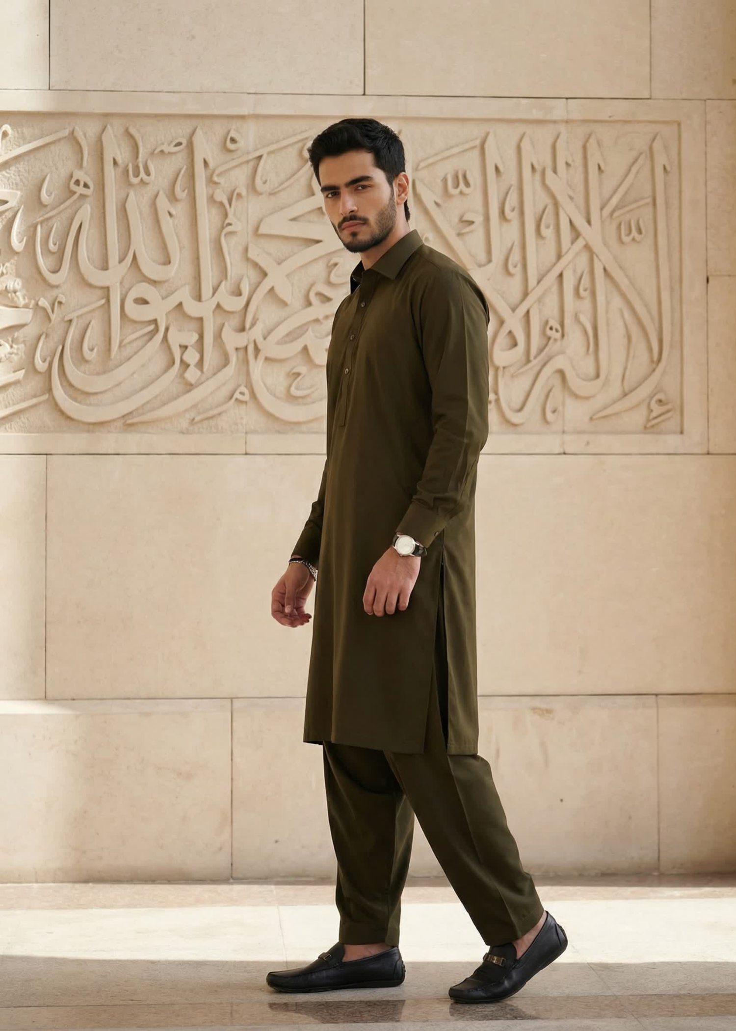 wash & wear Shalwar Kameez in Olive green