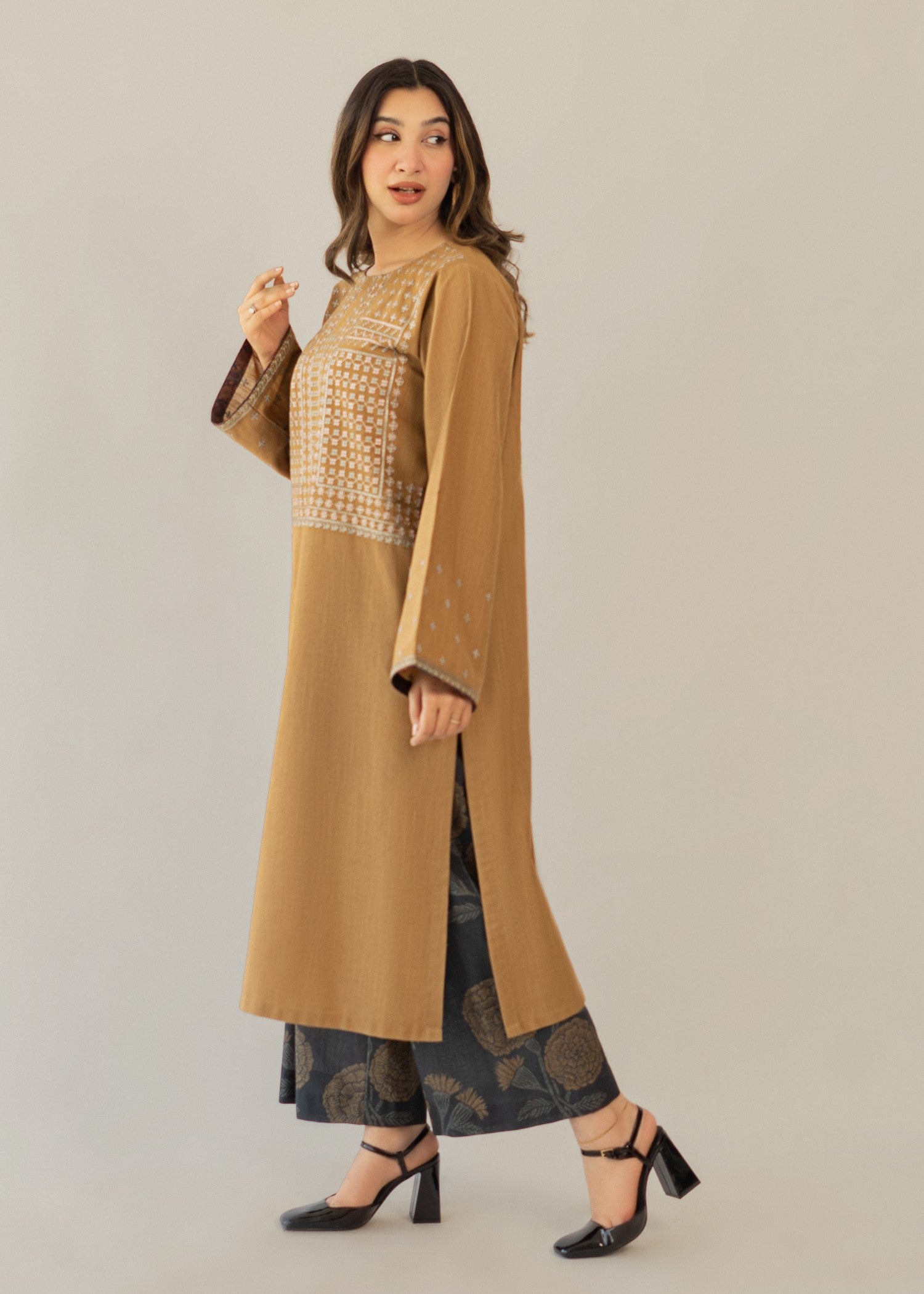 khaddar Kurta Set in Charcoal black, camel brown