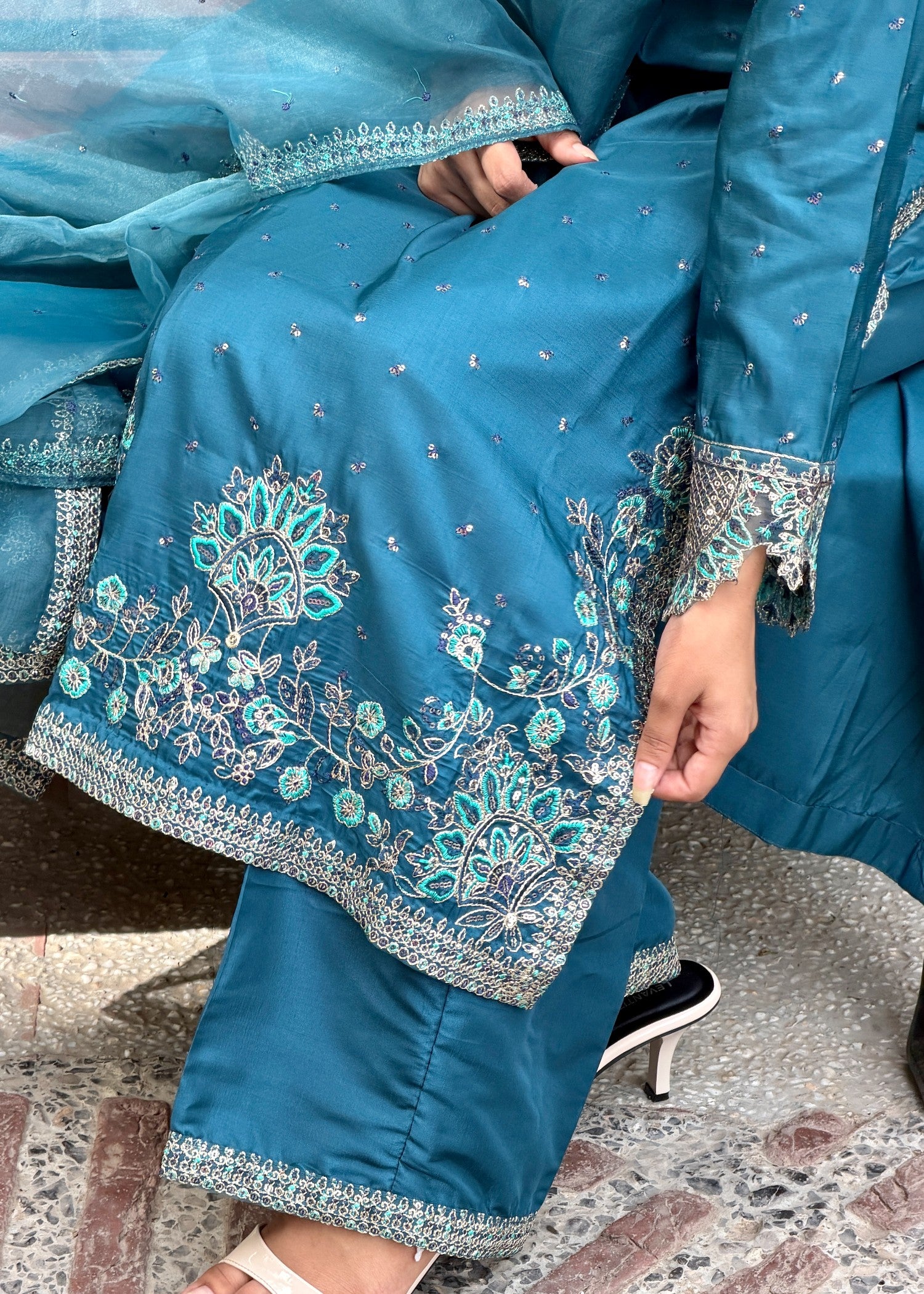 kattan silk Kurta Set in Steel blue