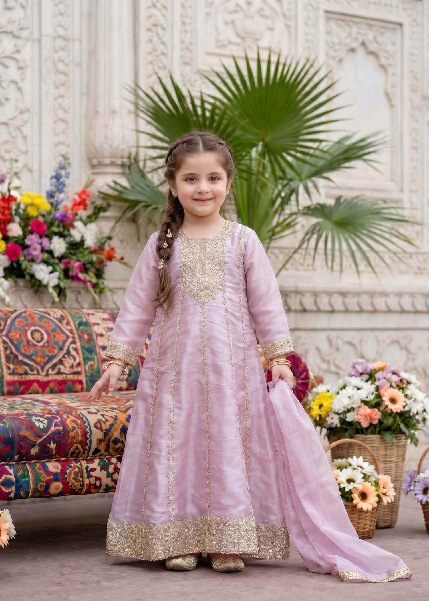 tissue silk Pishwas in Pink lace