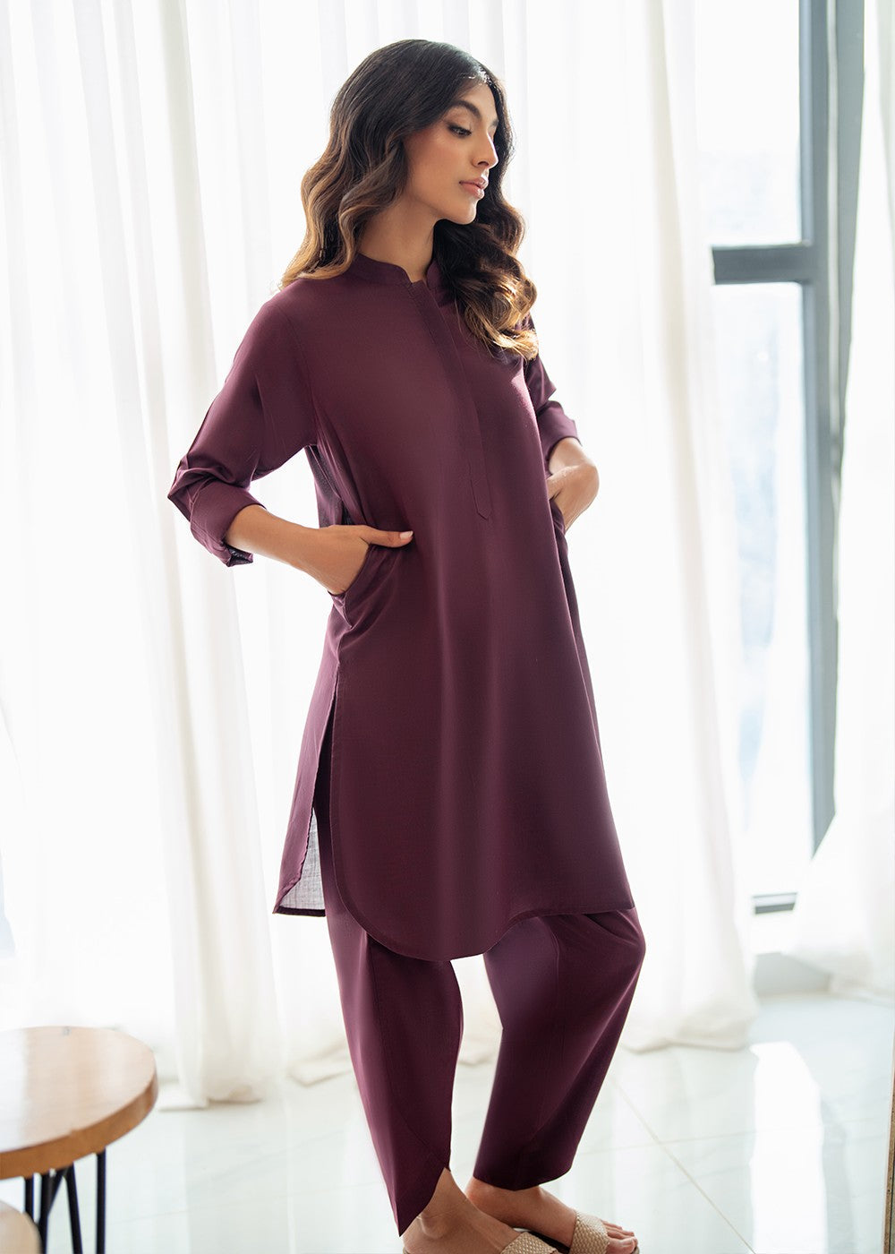 blended satin Kurta Set in Plum