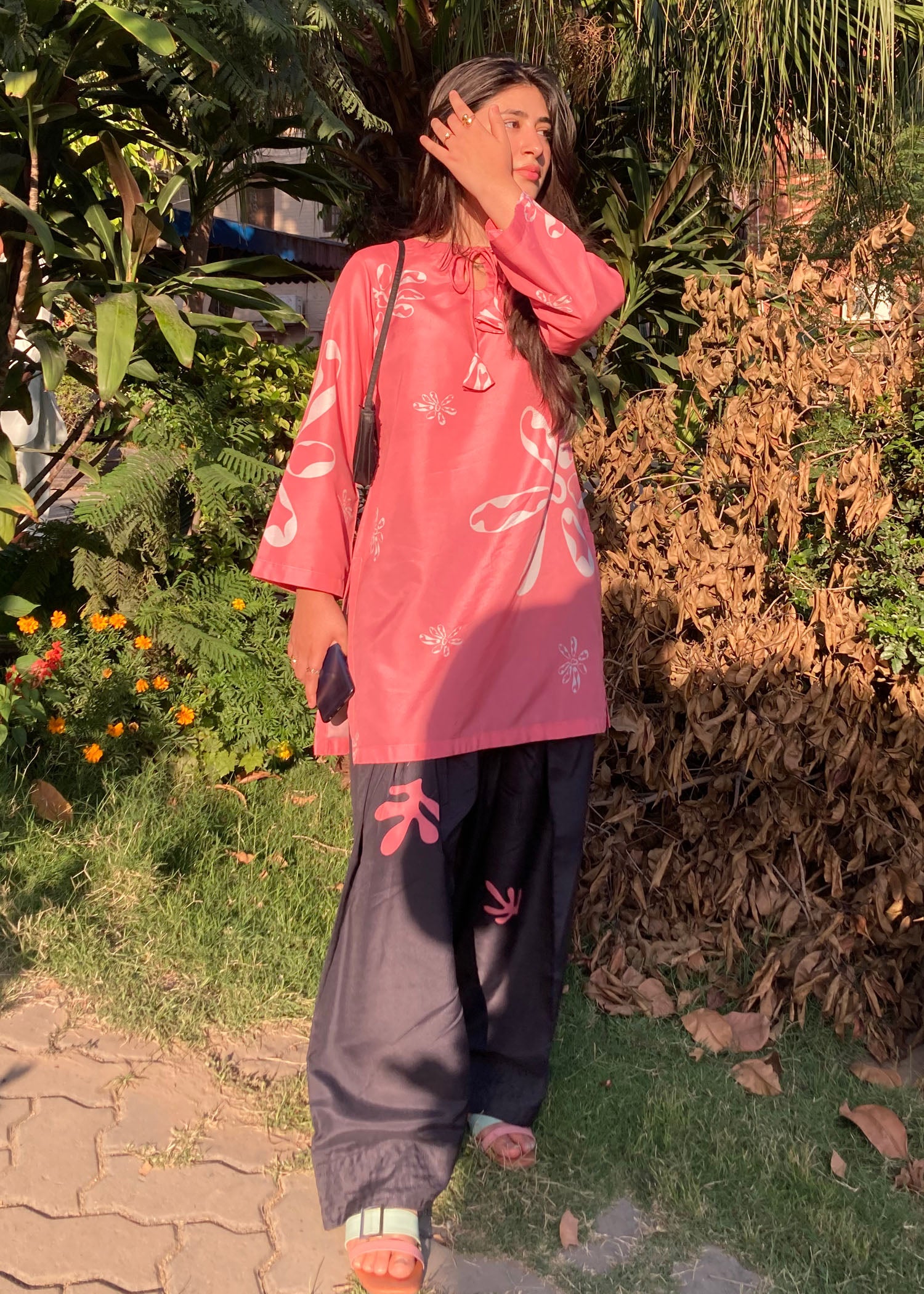 silk finish lawn Kurta Set in Hot pink