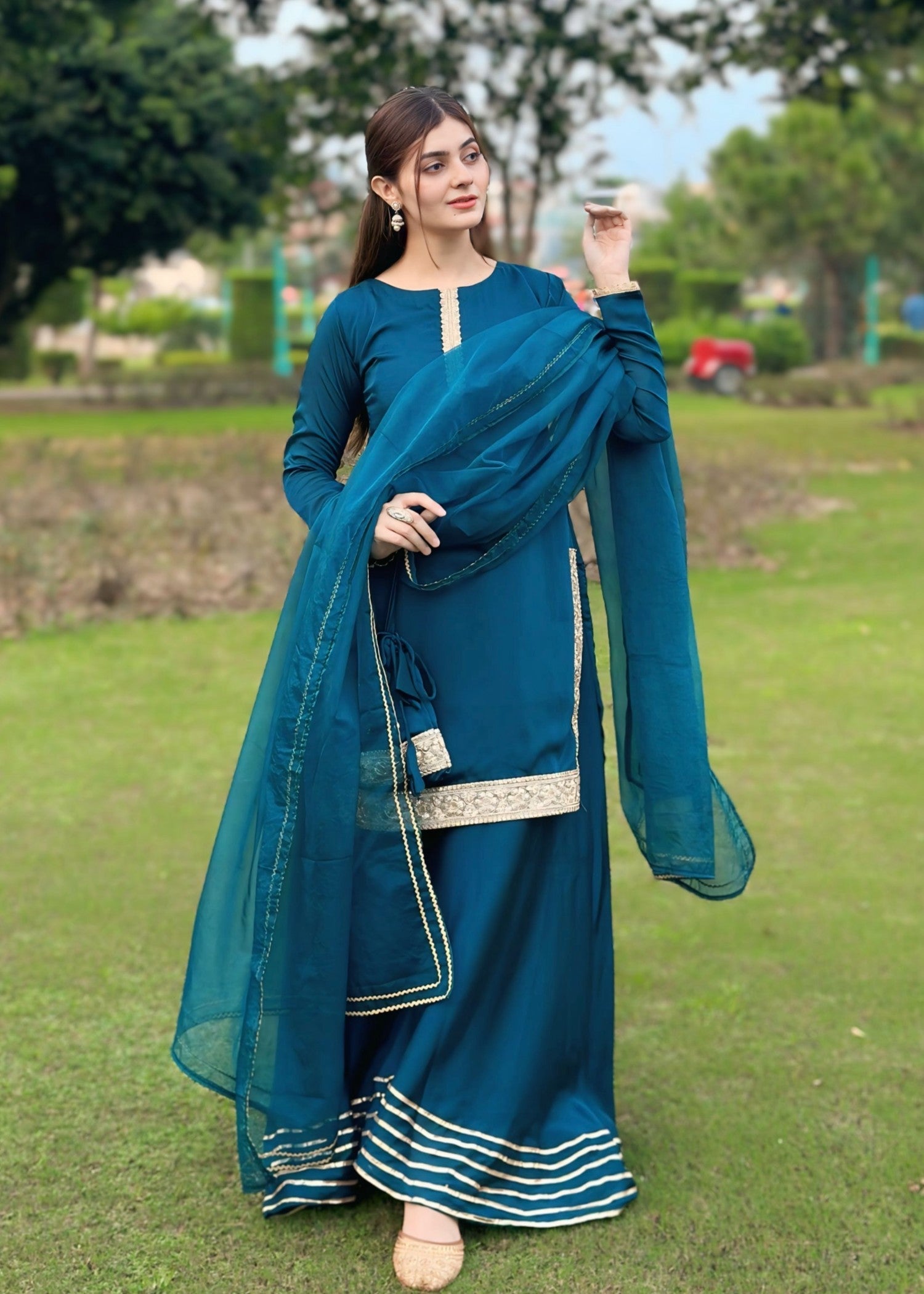 chiffon silk Sharara in Steel blue