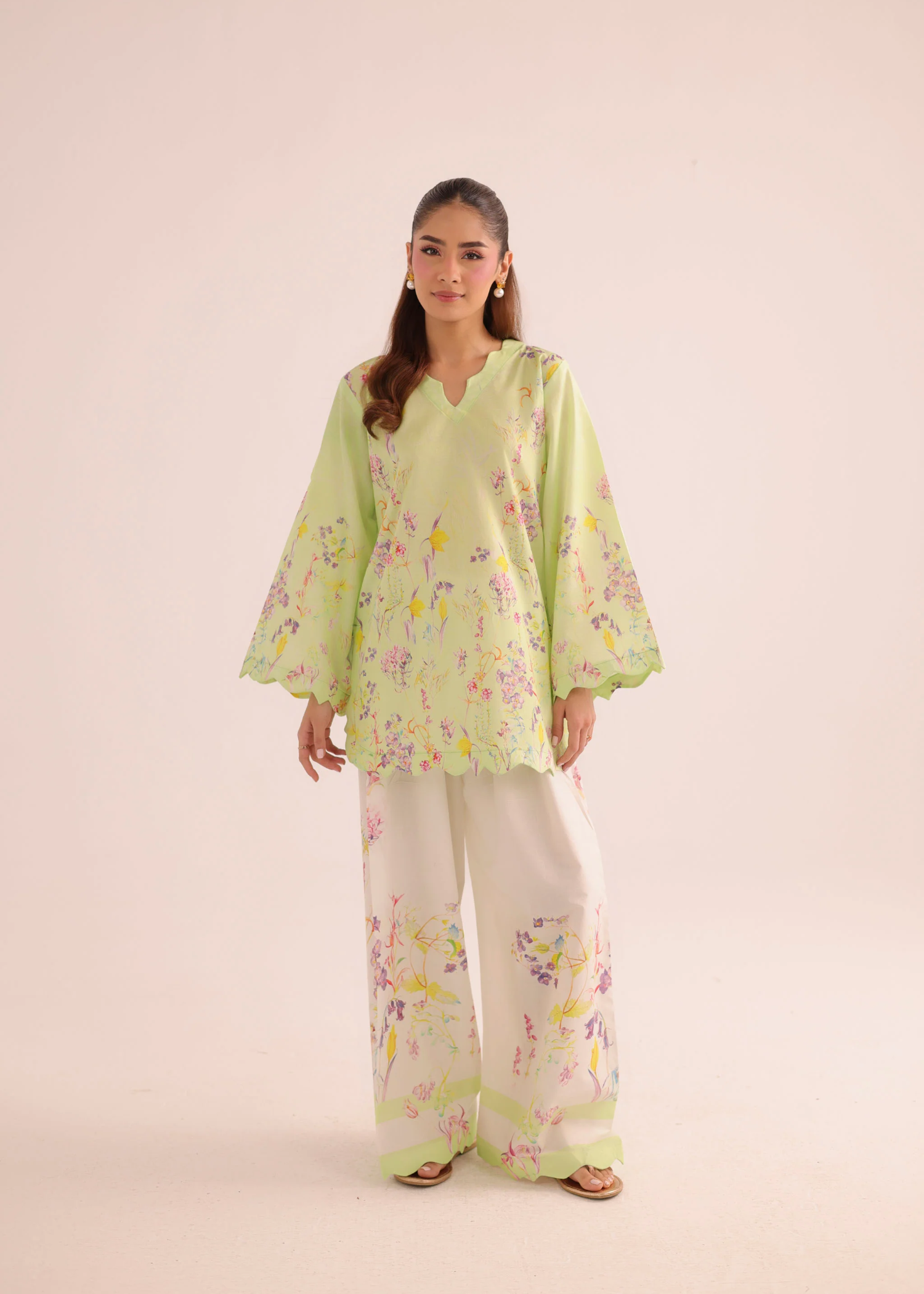 poly lawn Kurta Set in Herb green
