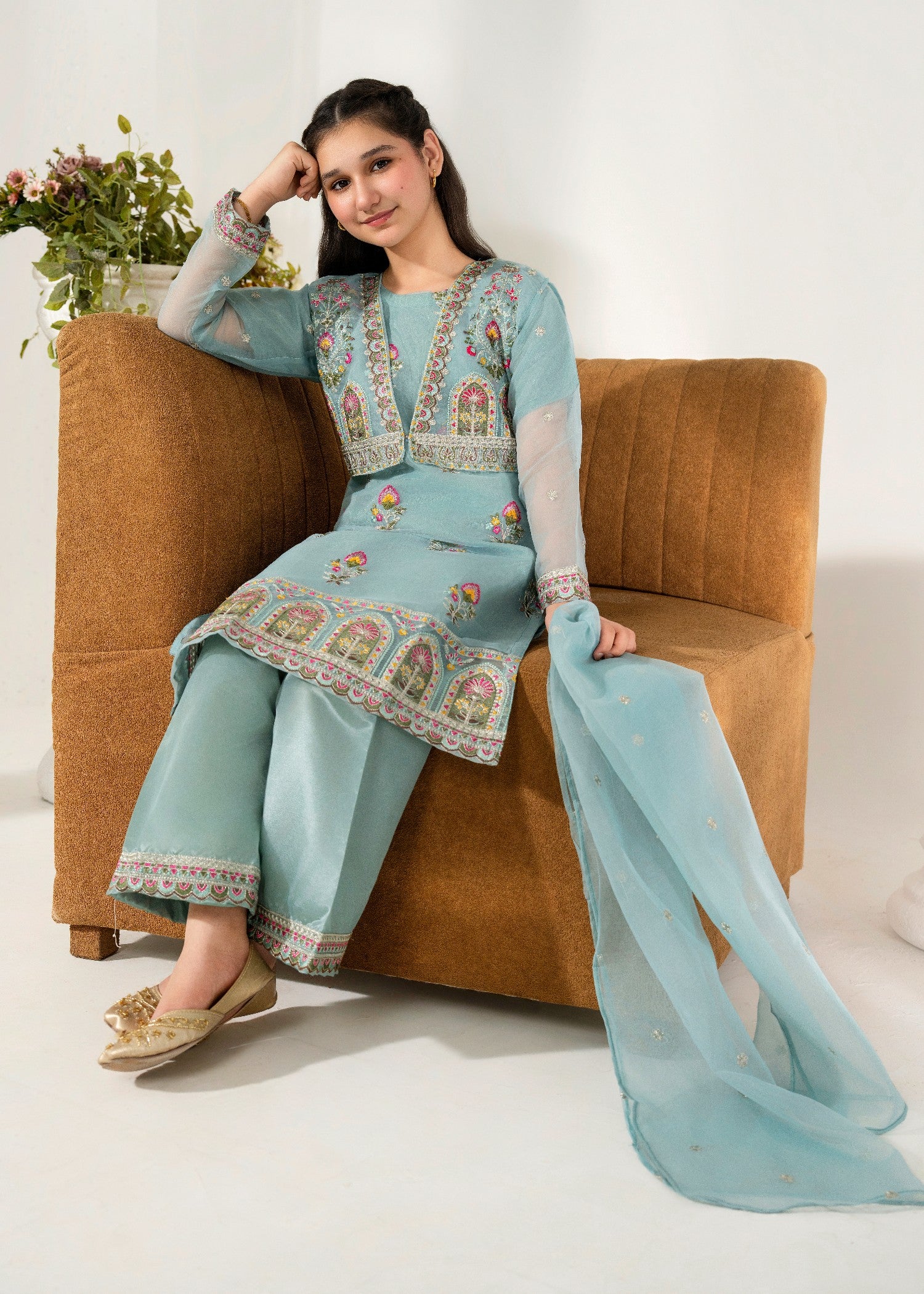 organza Kurta Set in Frost blue