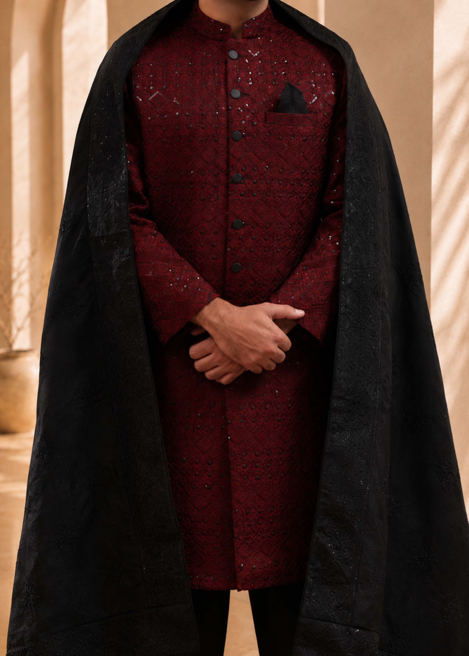 jamawar Sherwani in Maroon by The Great Masters (TGM)
