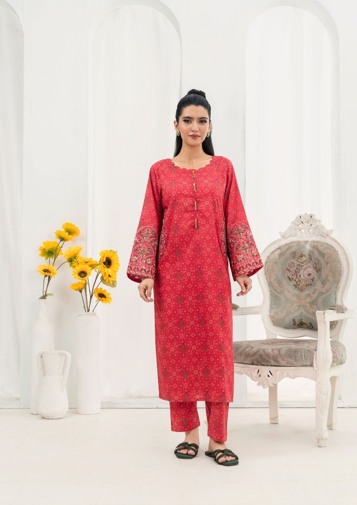 lawn cotton Kurta Set in Tomato red