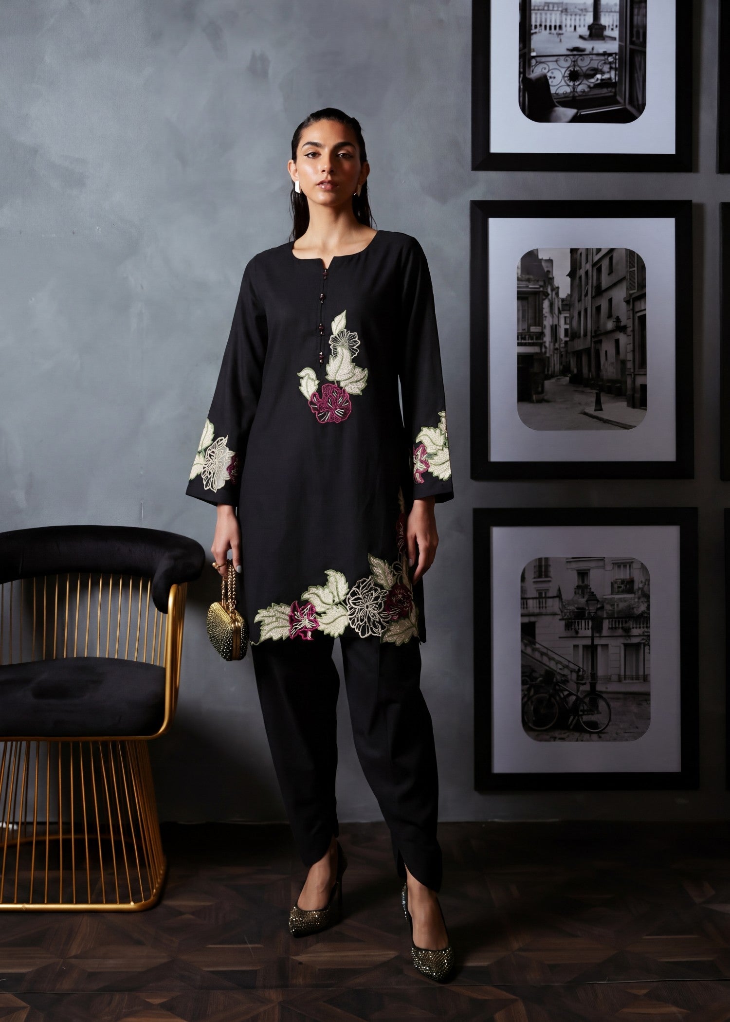 textured lawn Kurta Set in Black