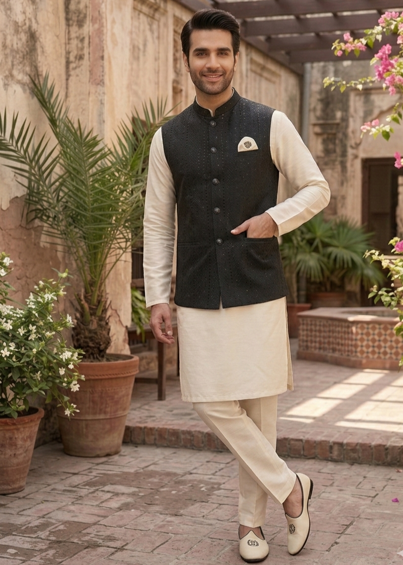 jamawar Waistcoat in Black by Dulha Fashion House