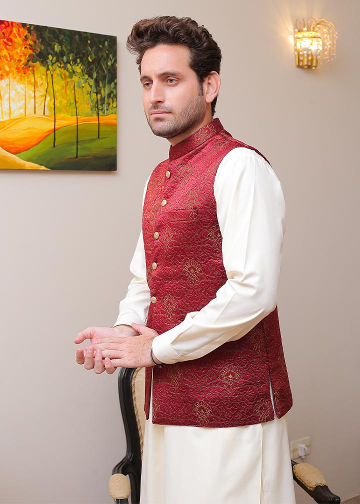 banarsi silk Waistcoat in Maroon