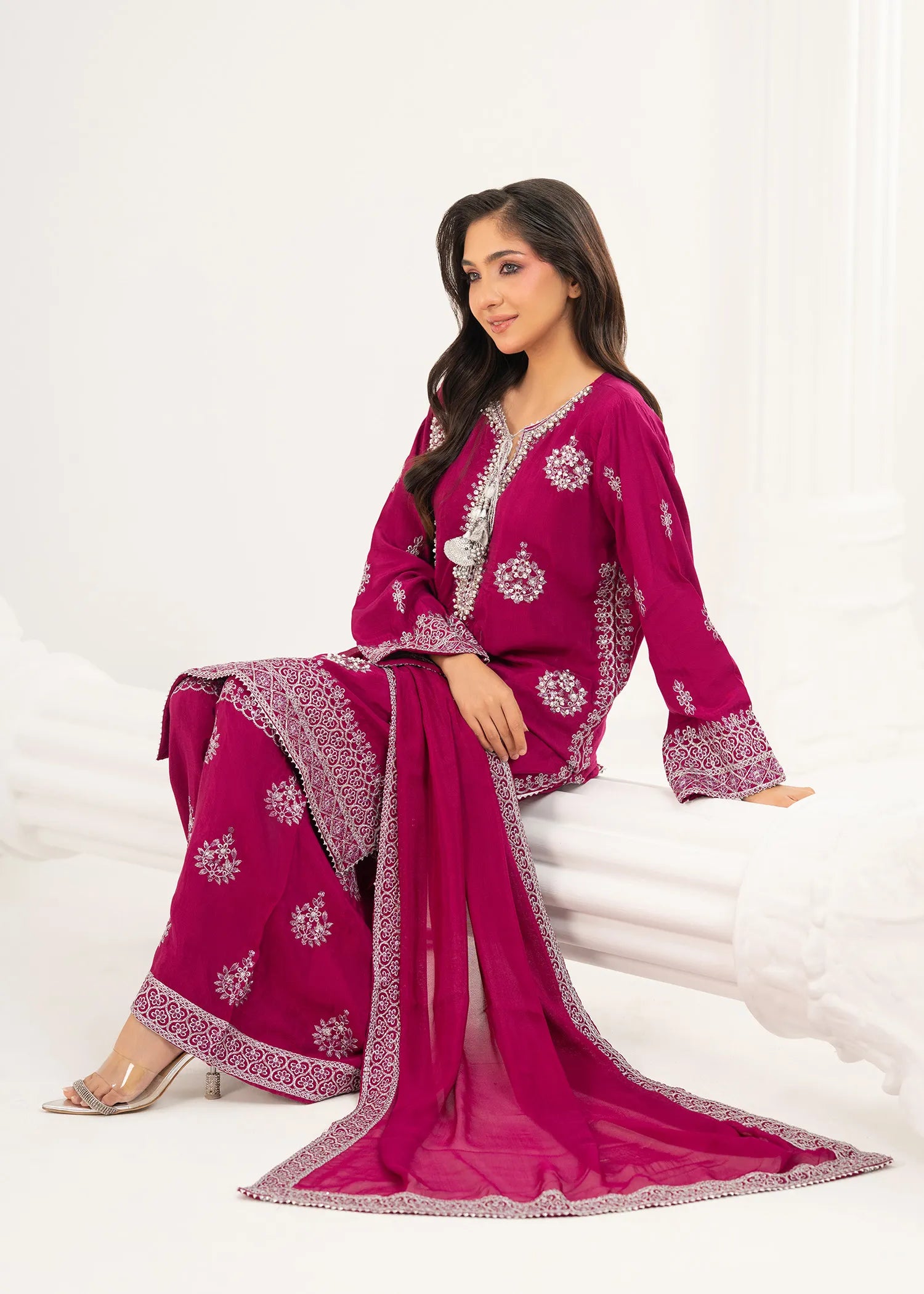 silk Kurta Set in Deep pink