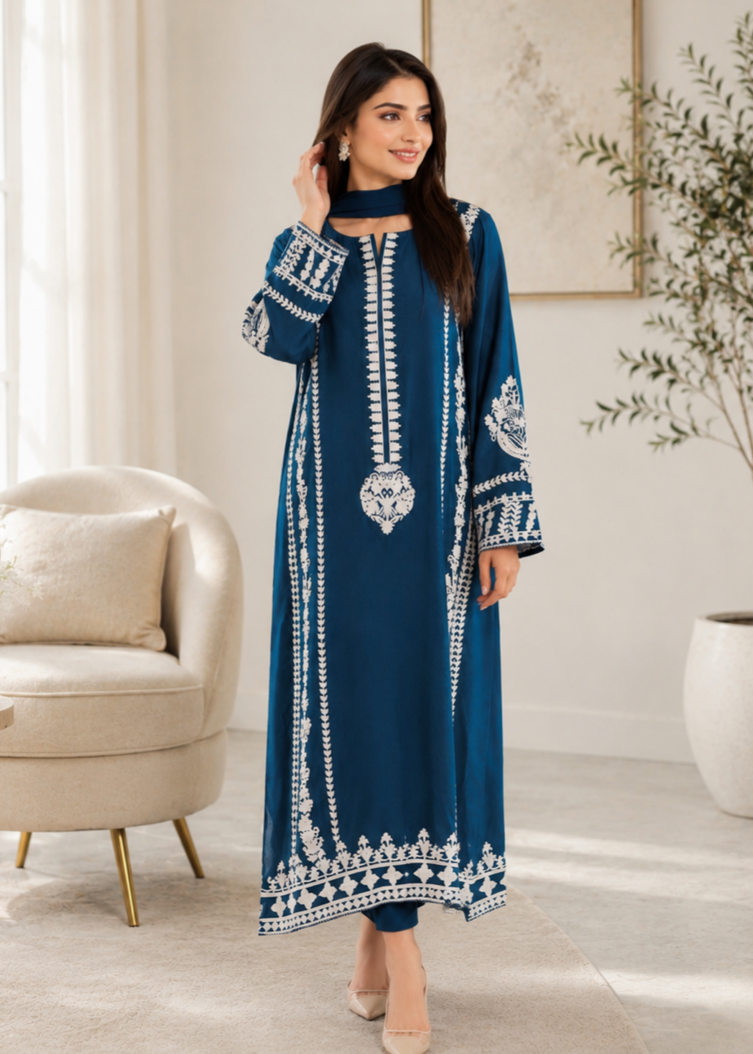 linen Kurta Set in Cobalt blue