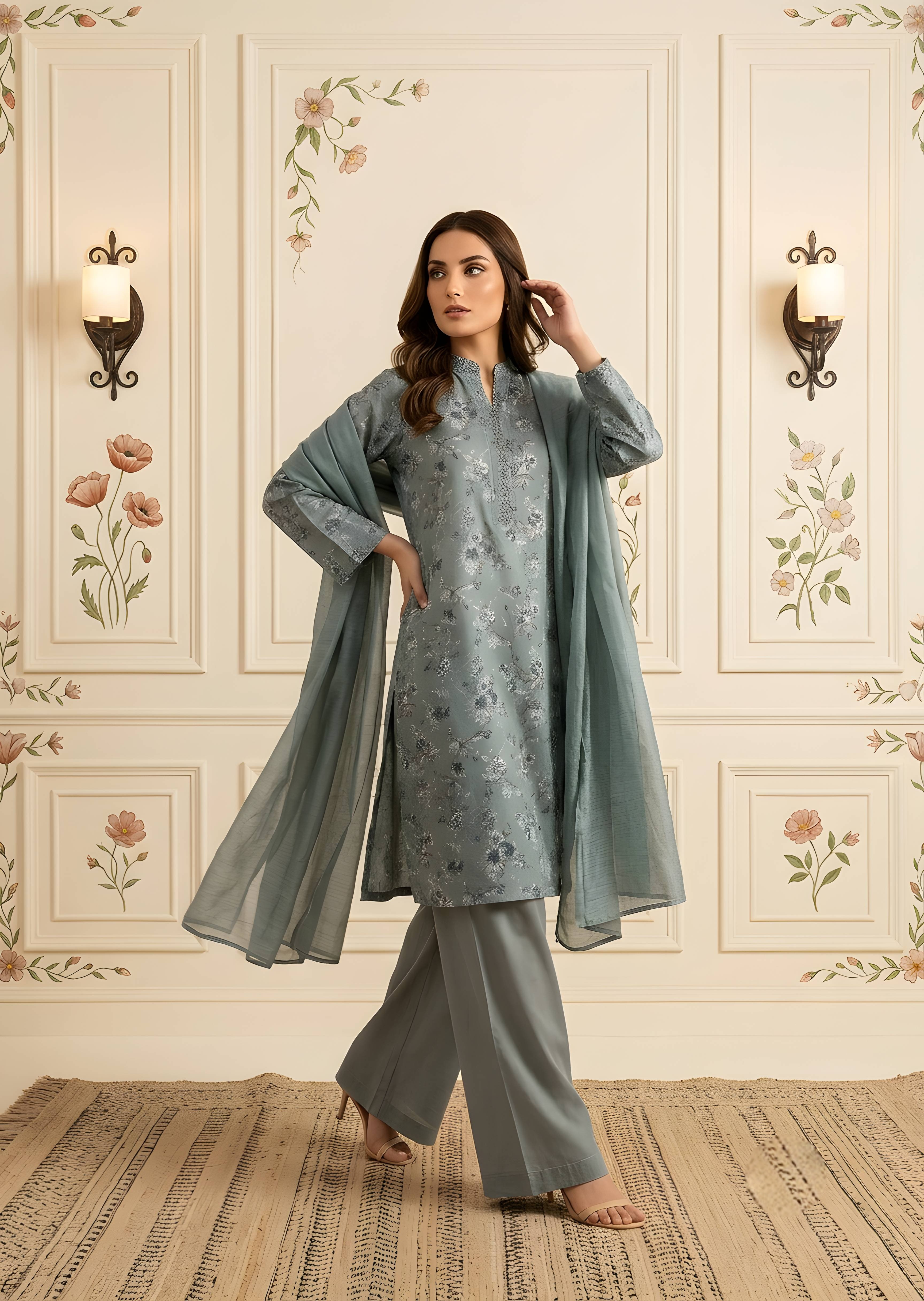 lawn Kurta Set in Steal grey