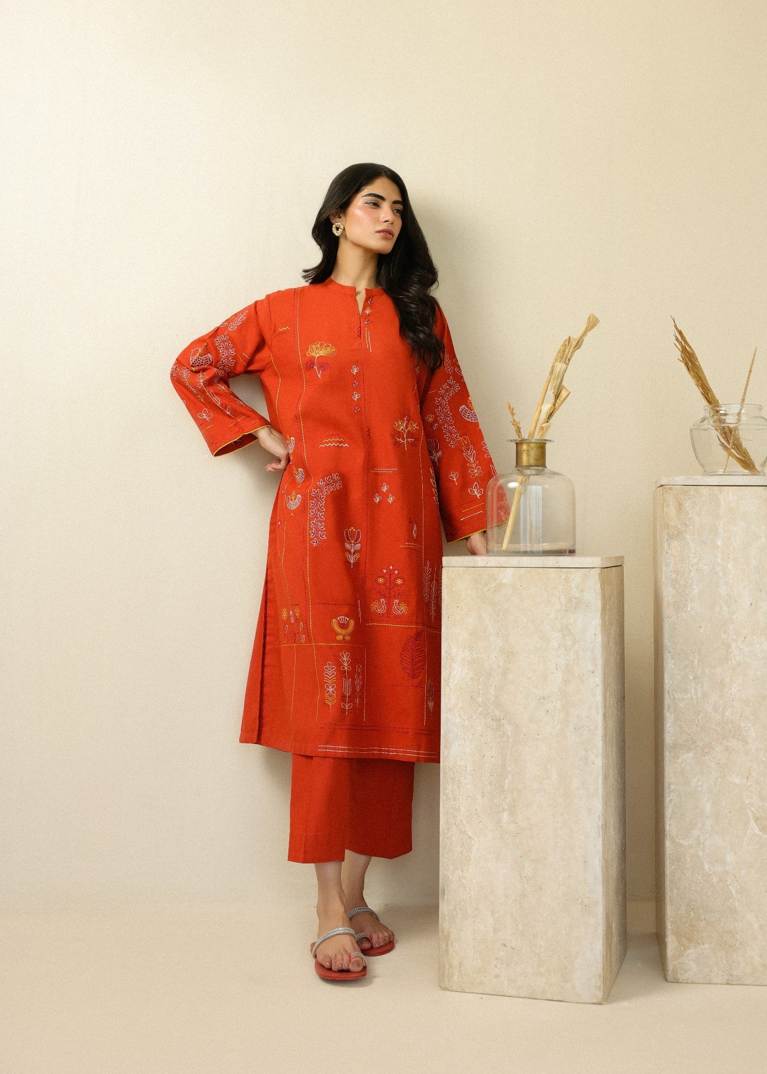 self jacquard Kurta Set in Pumpkin orange