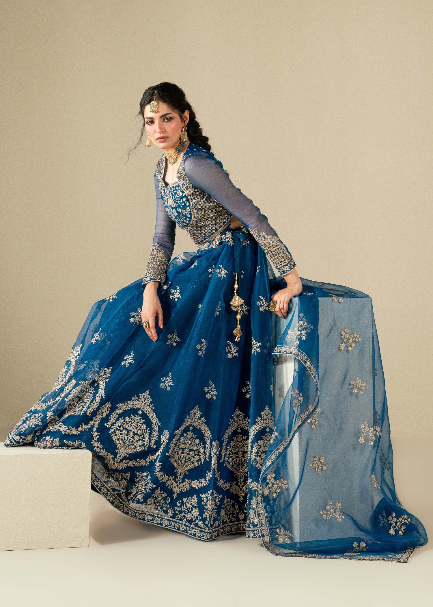 organza Lehenga in Sapphire blue