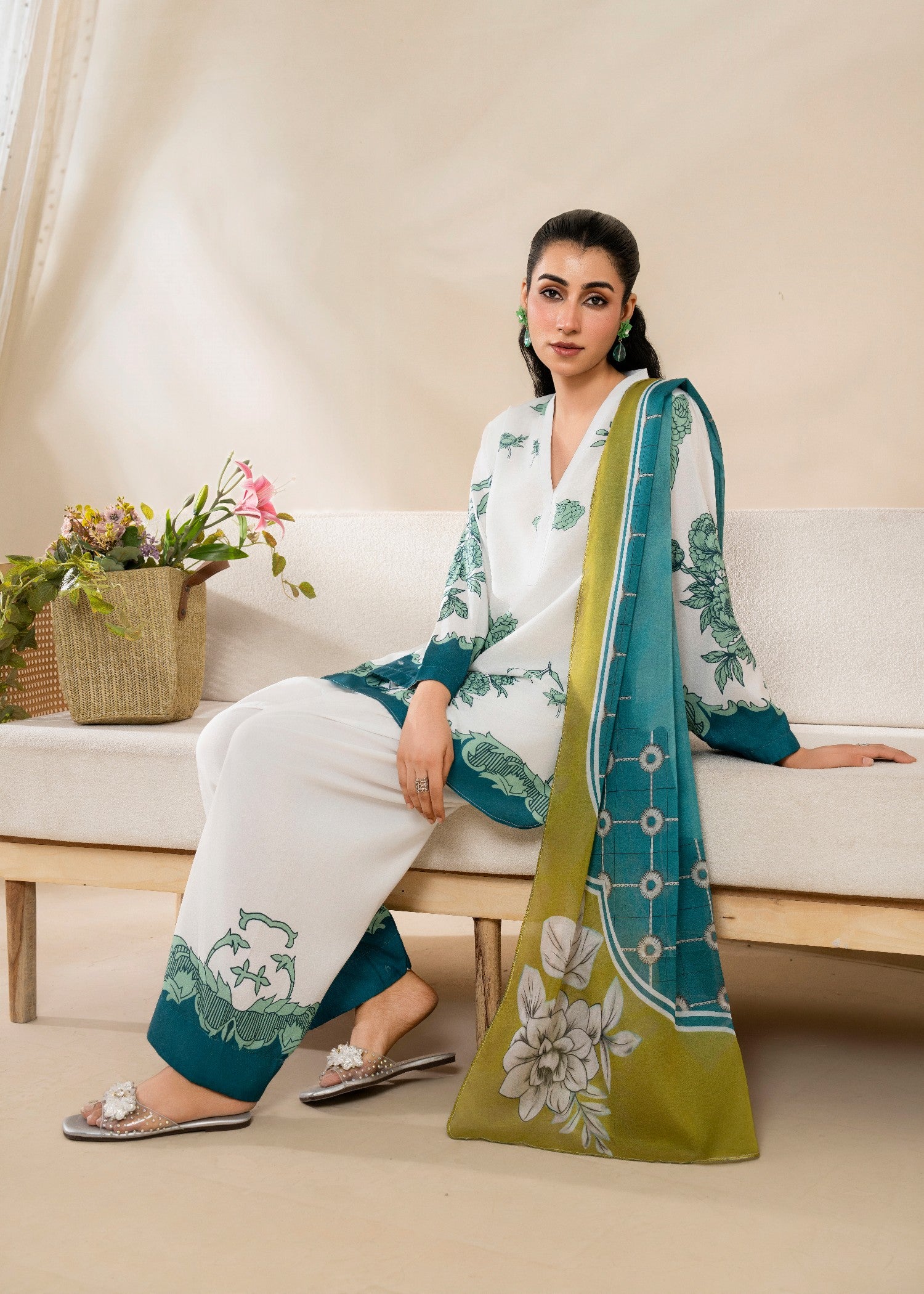 poly lawn Kurta Set in White, emerald green