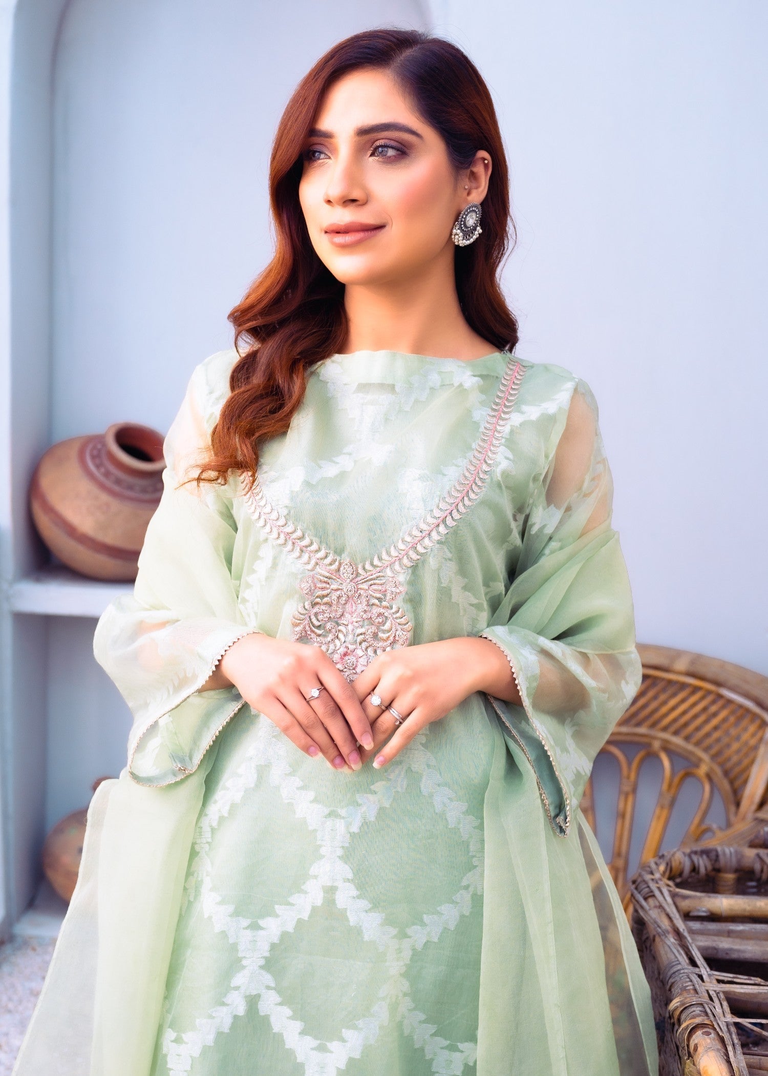 jacquard organza Kurta Set in Tea green