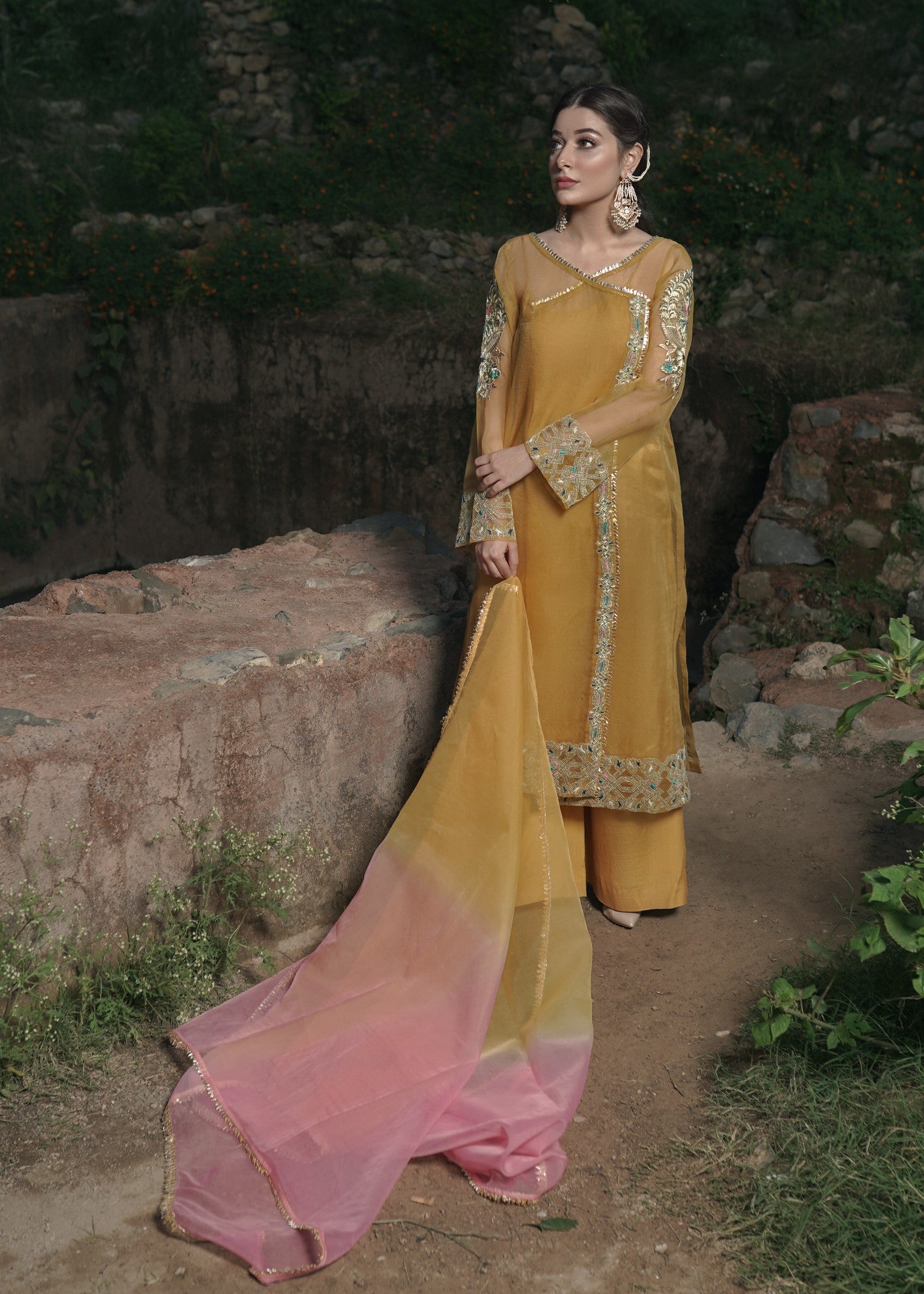 organza Angrakha in Mustard