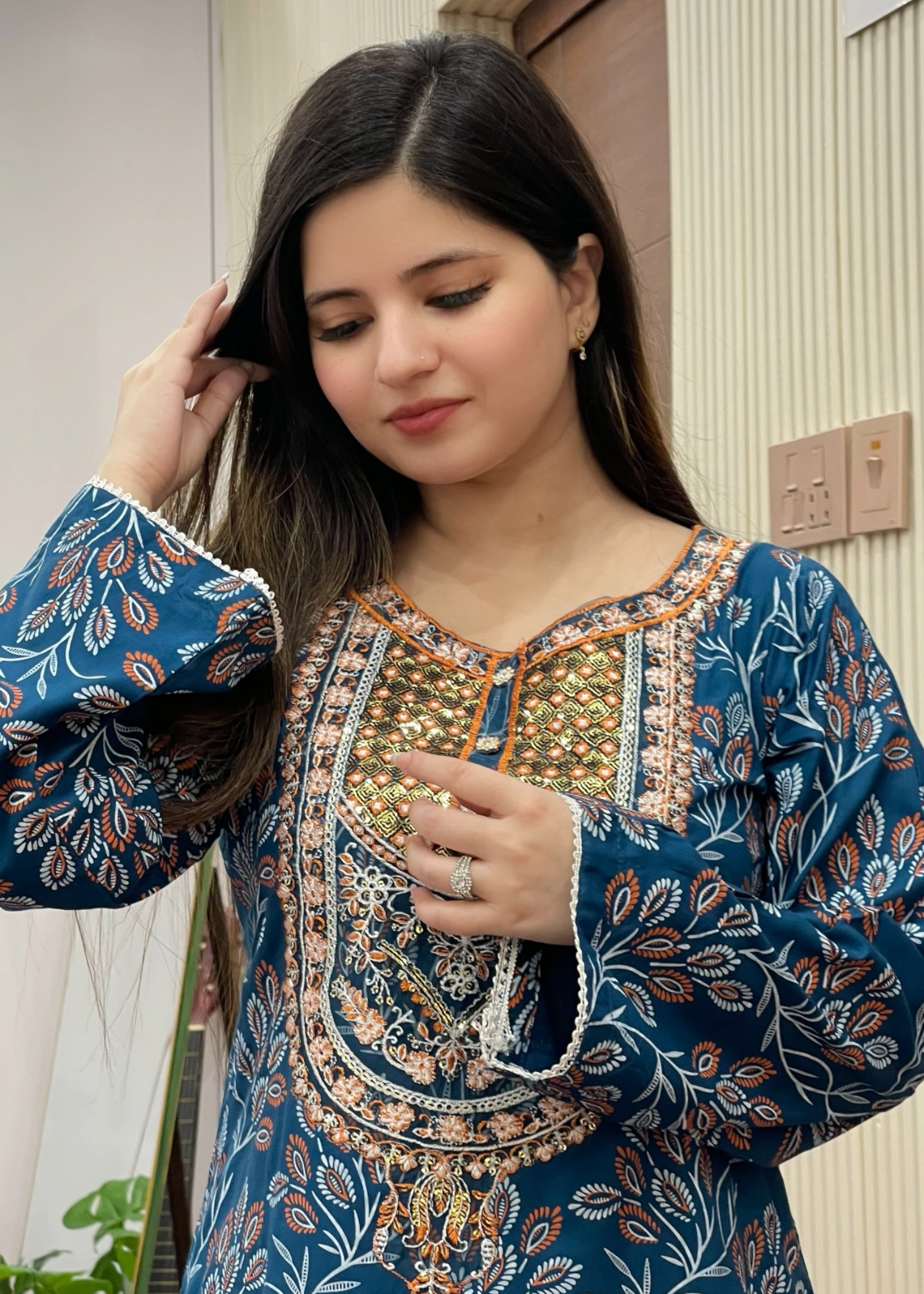 linen Kurta Set in Ocean blue