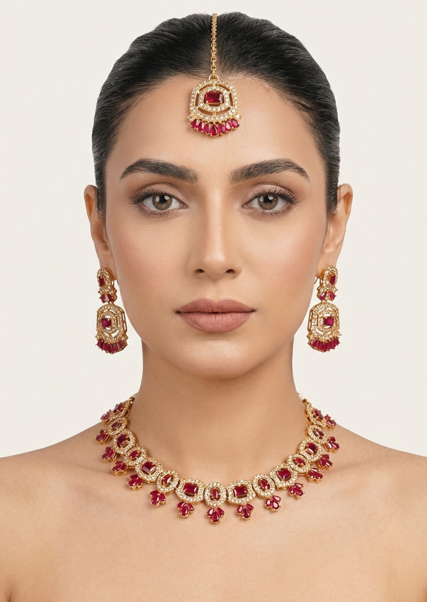 Jewelry Set in Red, maroon, gold Color by - Trendy Women Jewelry Set ARE3241