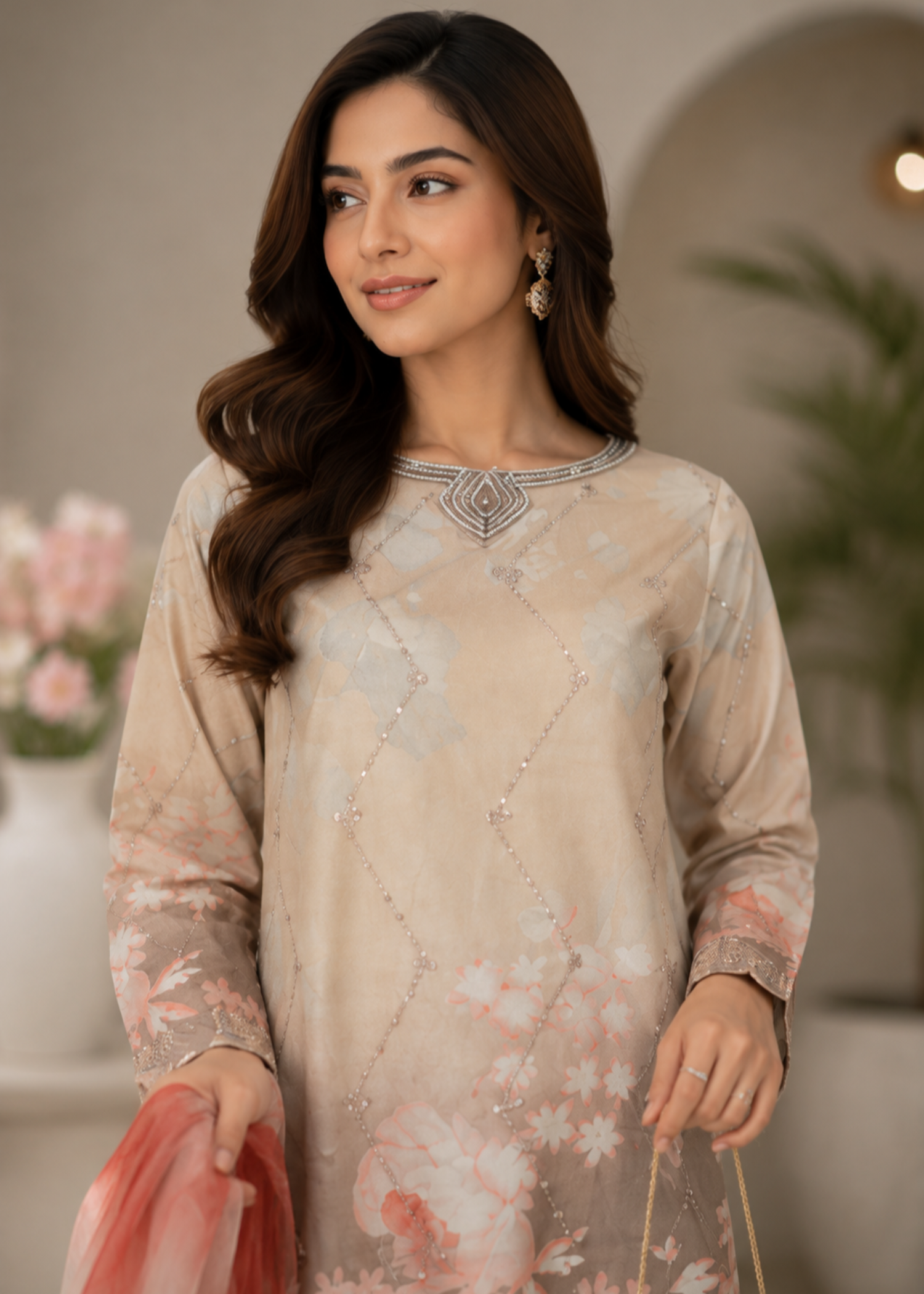 crepe Kurta Set in Tan brown